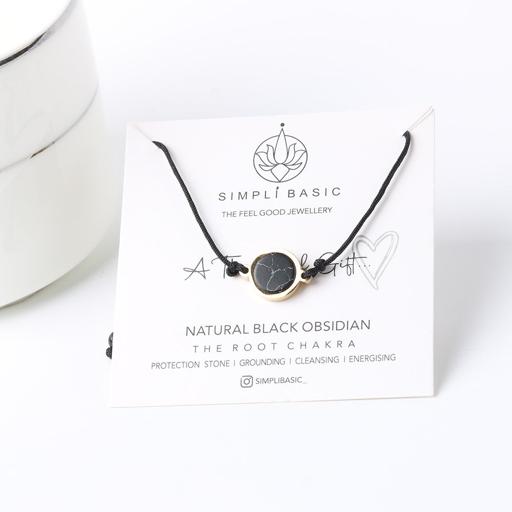 NATURAL OBSIDIAN & BLACK STRING BRACELET – ADJUSTABLE SOFT CORD