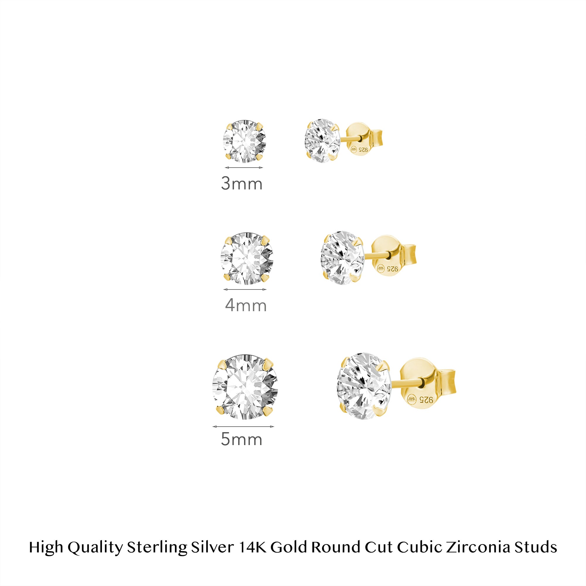Round Cut Cubic Zirconia Set of 3 Pairs Sterling Silver Studs 14K Gold