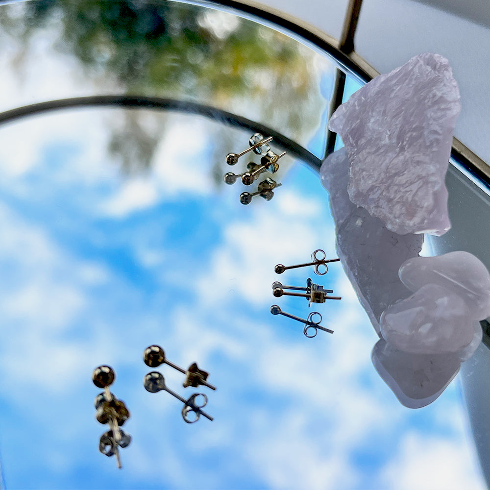 Round Ball Set of 3 Pairs Sterling Silver Studs 14K Gold