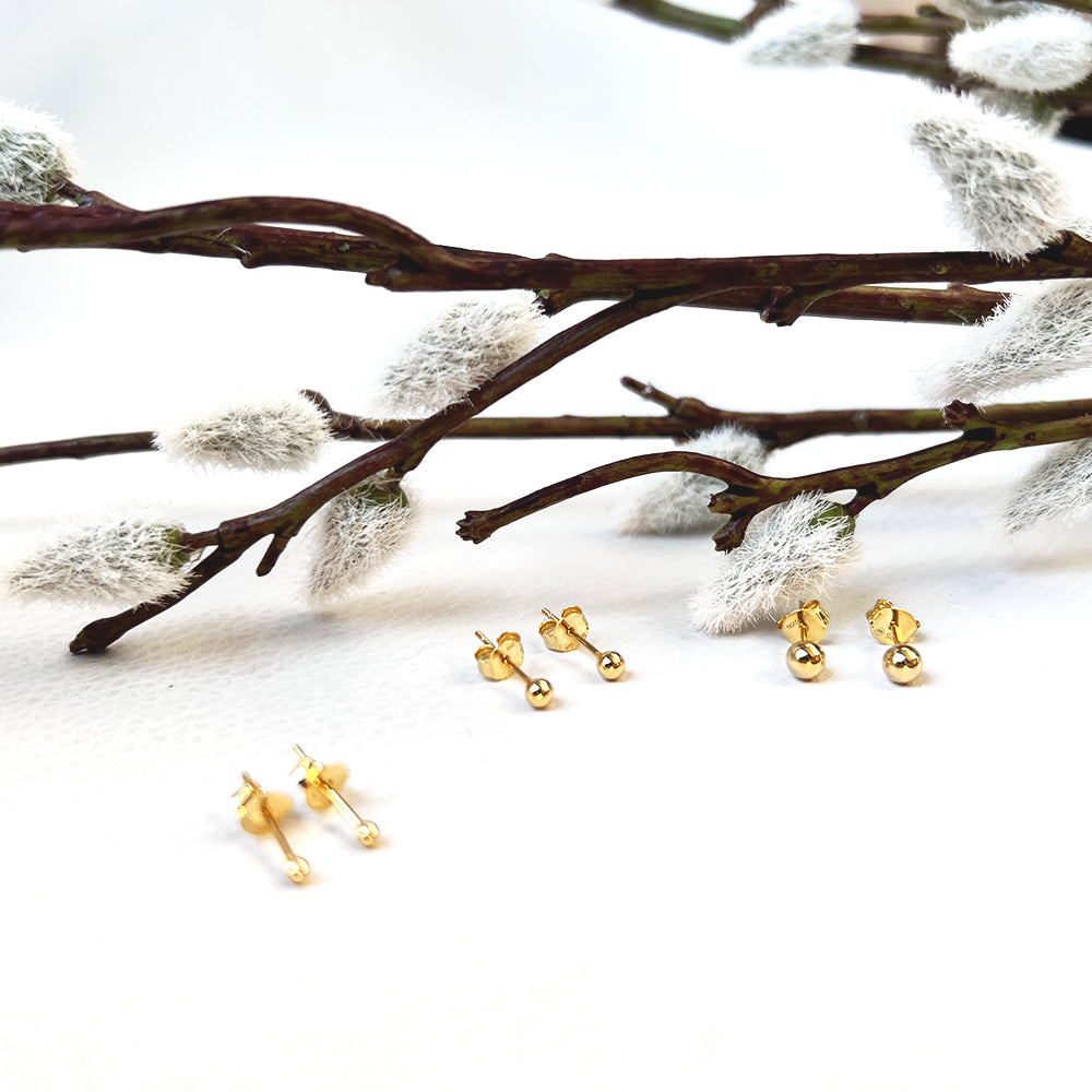 Round Ball Set of 3 Pairs Sterling Silver Studs 14K Gold