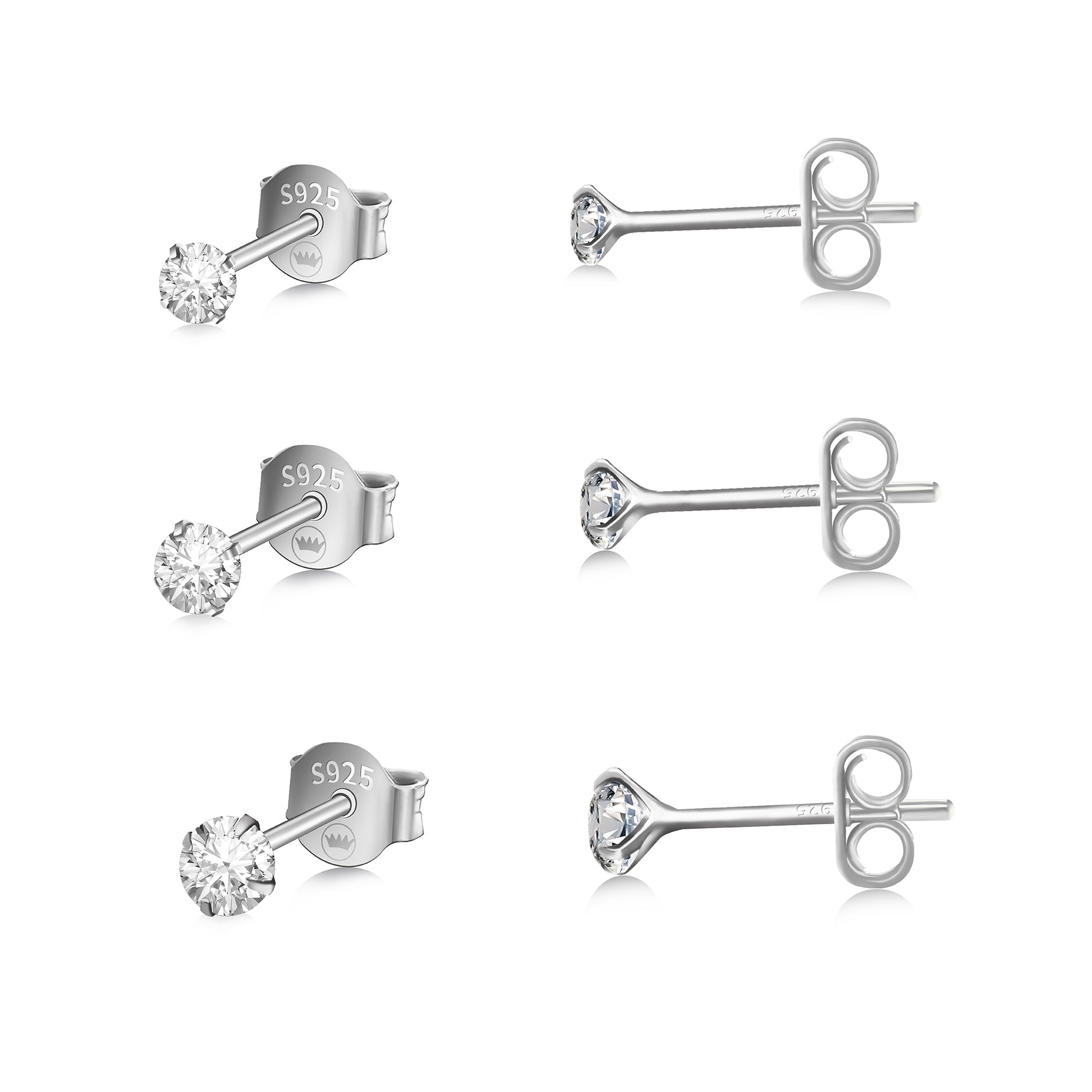 Round Cut Cubic Zirconia Set of 3 Pairs Sterling Silver Studs