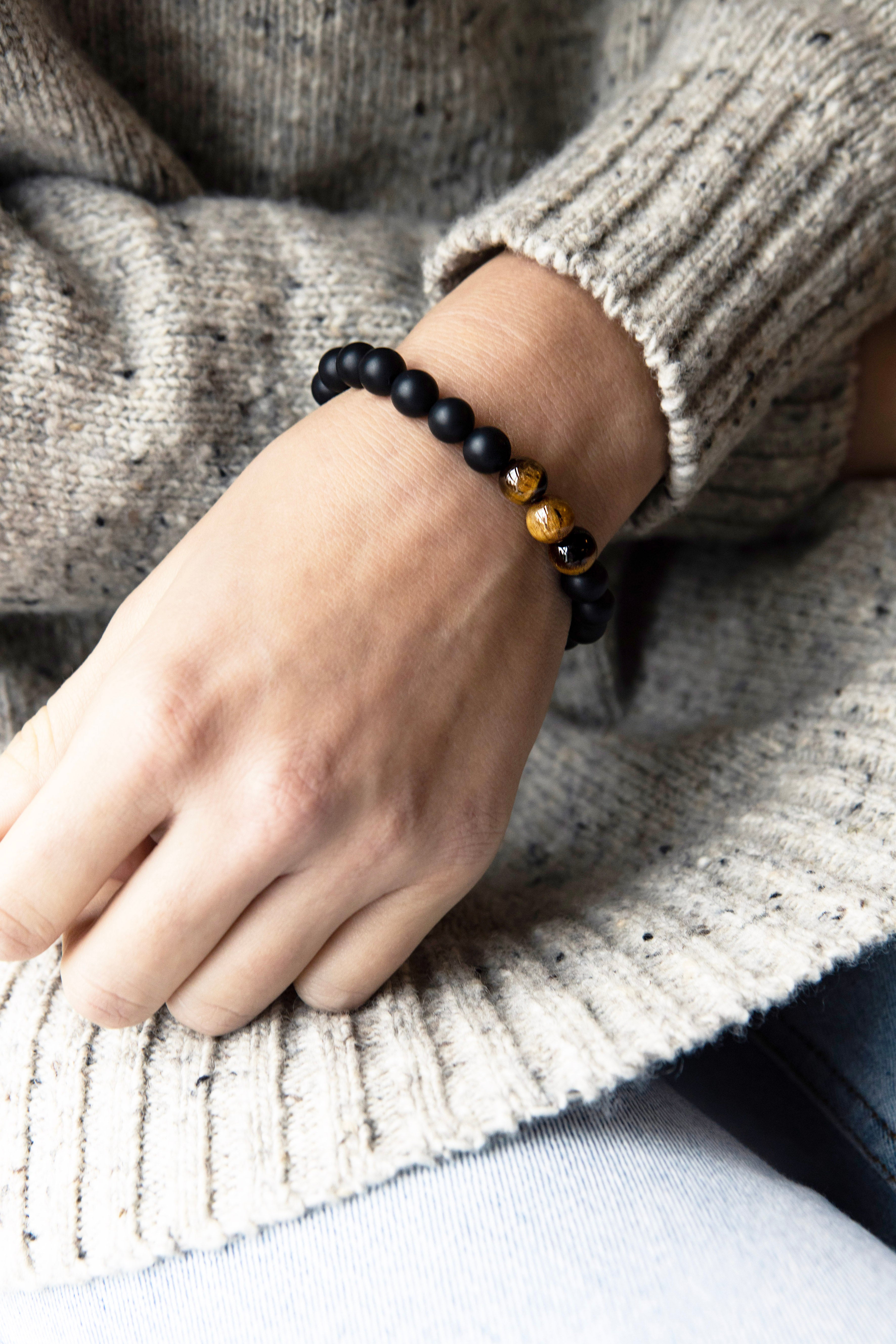 Healing Matte Onyx & 3 Tiger Eye bead bracelet 8mm