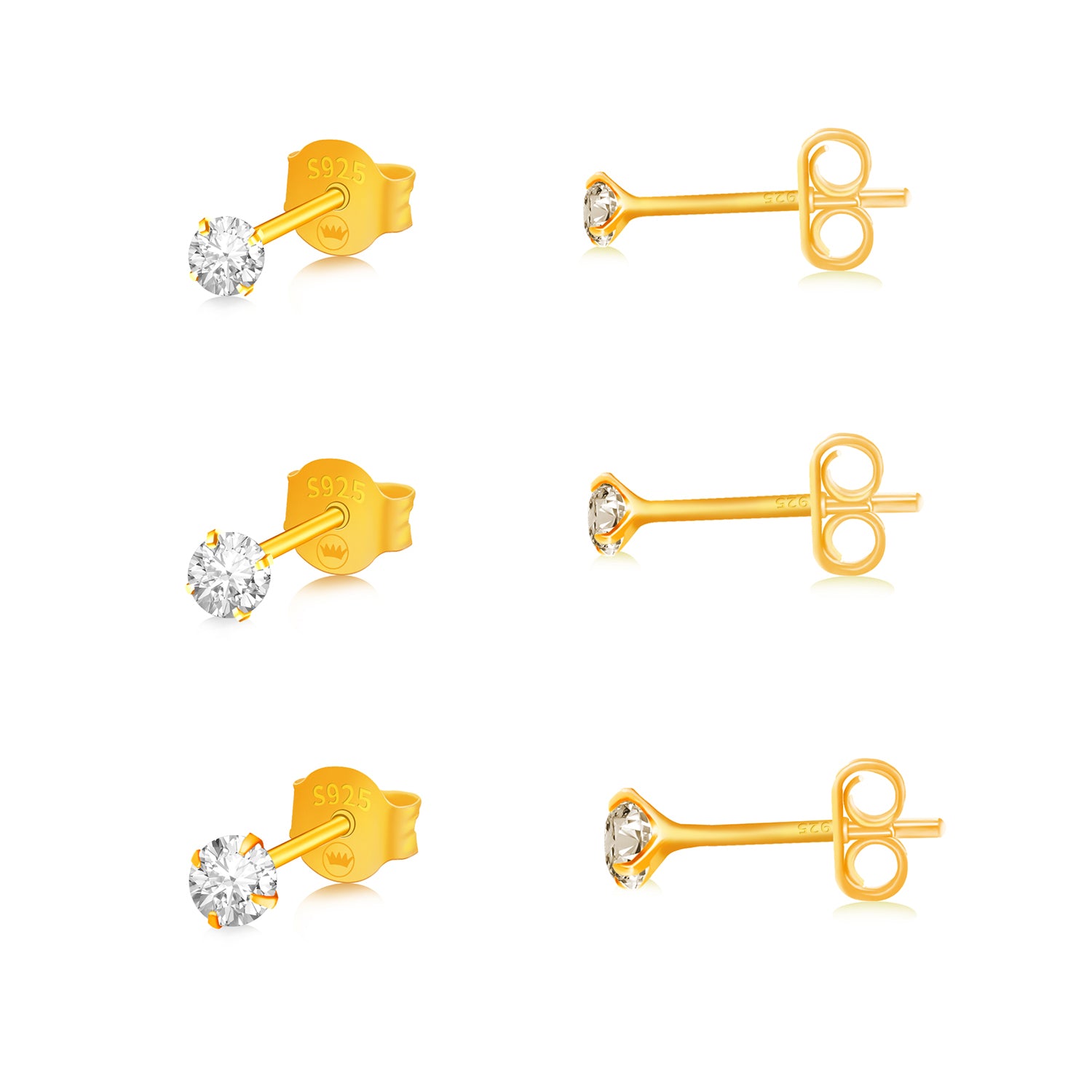 Round Cut Cubic Zirconia Set of 3 Pairs Sterling Silver Studs 14K Gold