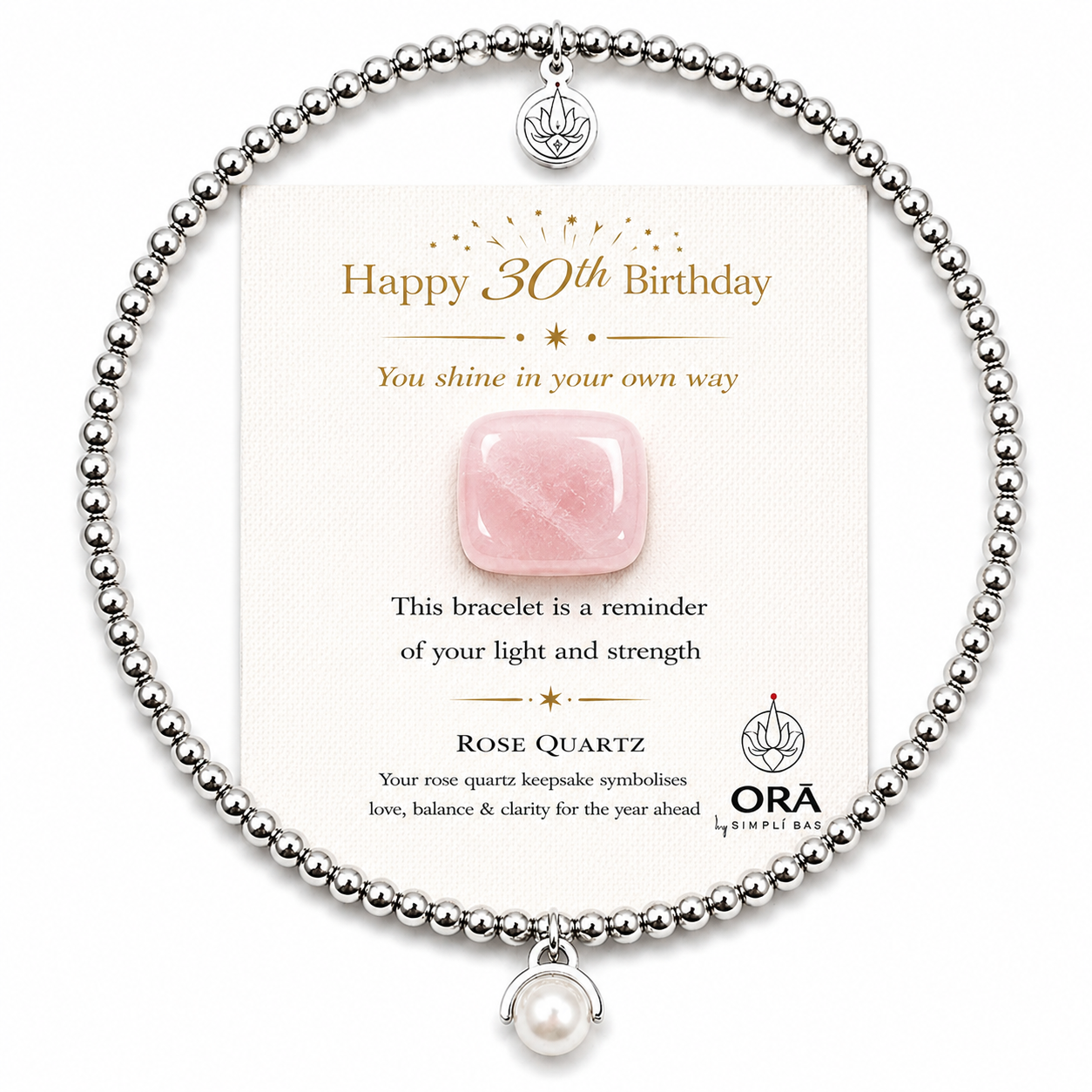 ORĀ Happy 30th Birthday Charm Bead Bracelet with Rose Quartz Keepsake Stone