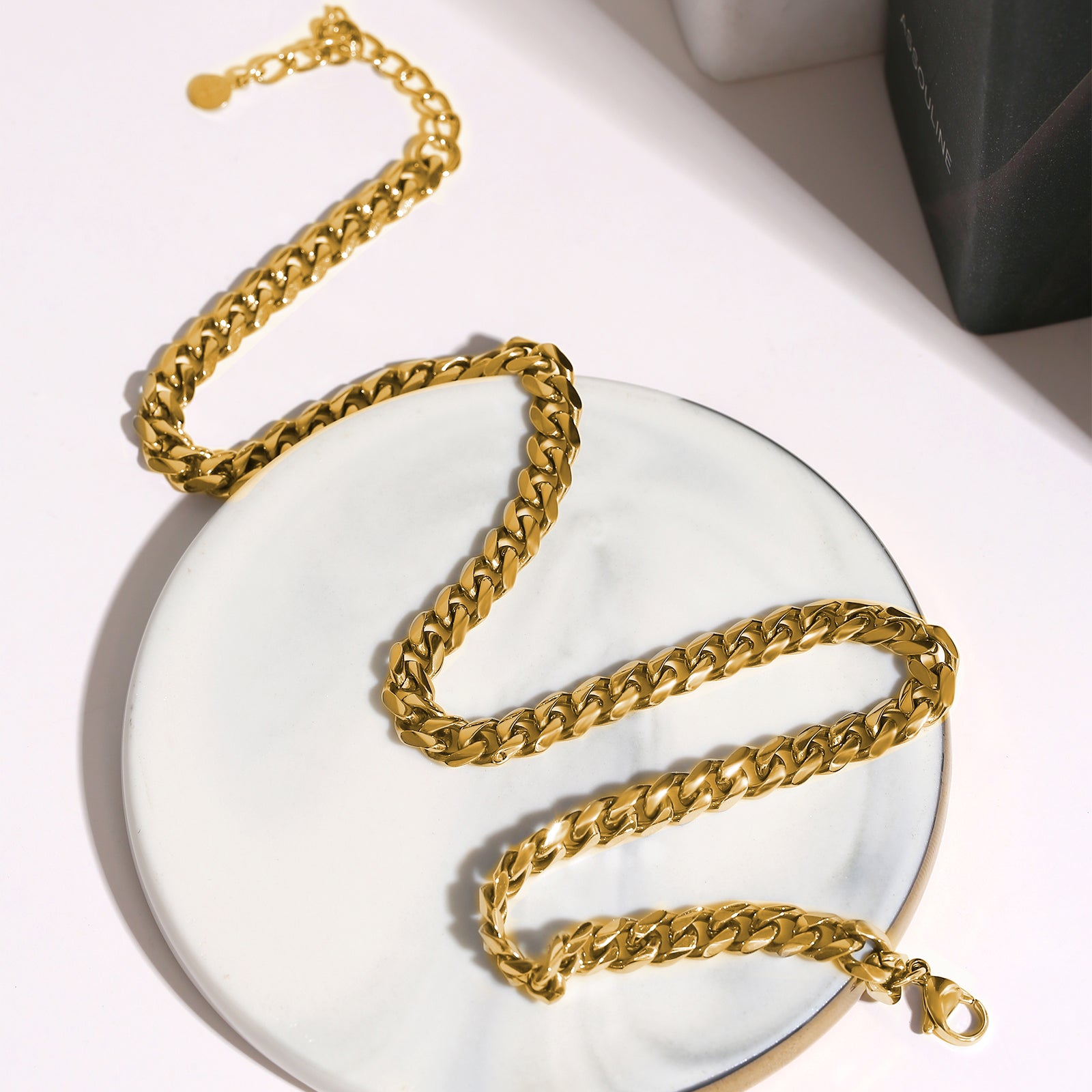 Choker Necklace Flat Curb Chain, Stainless Steel 18K Gold
