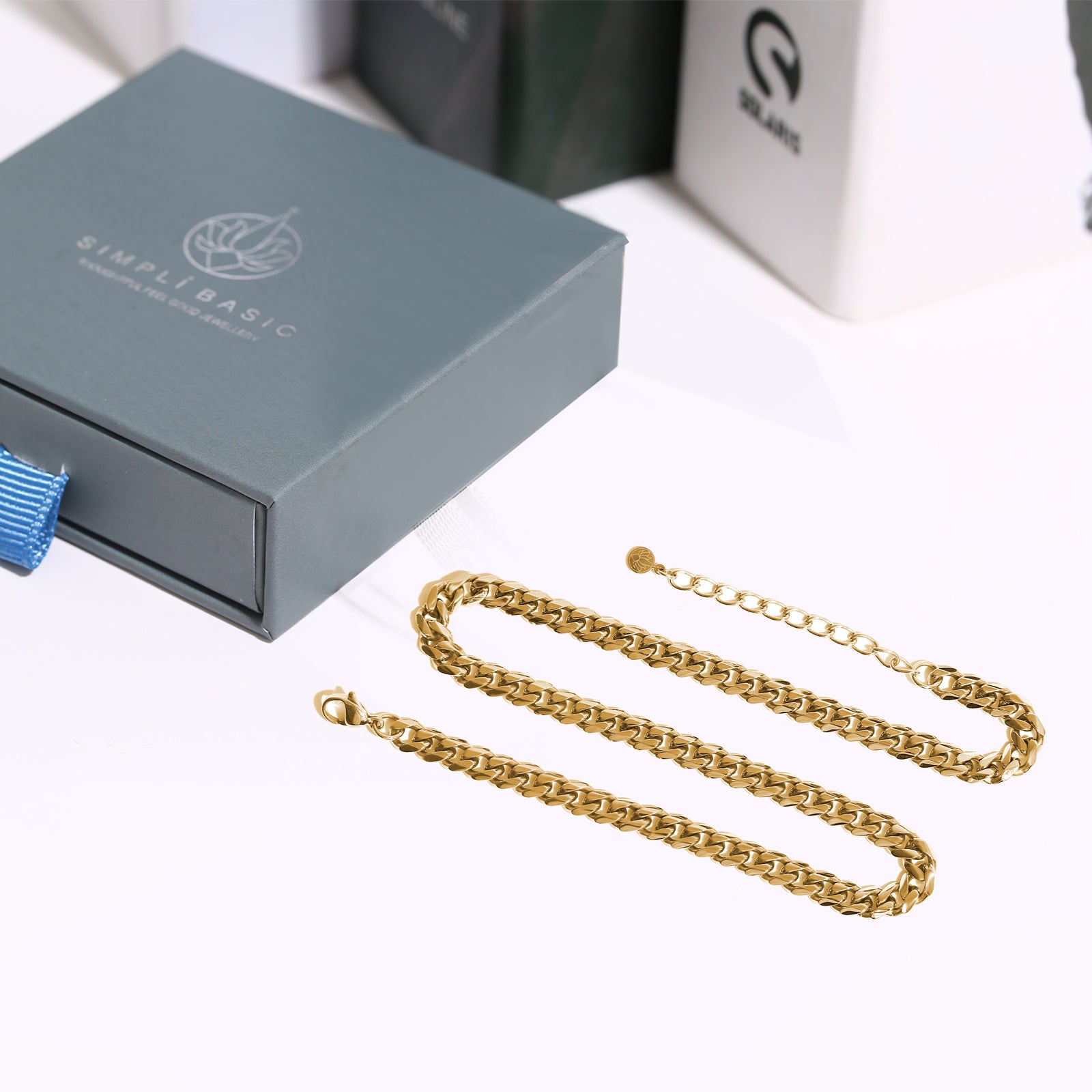 Choker Necklace Flat Curb Chain, Stainless Steel 18K Gold