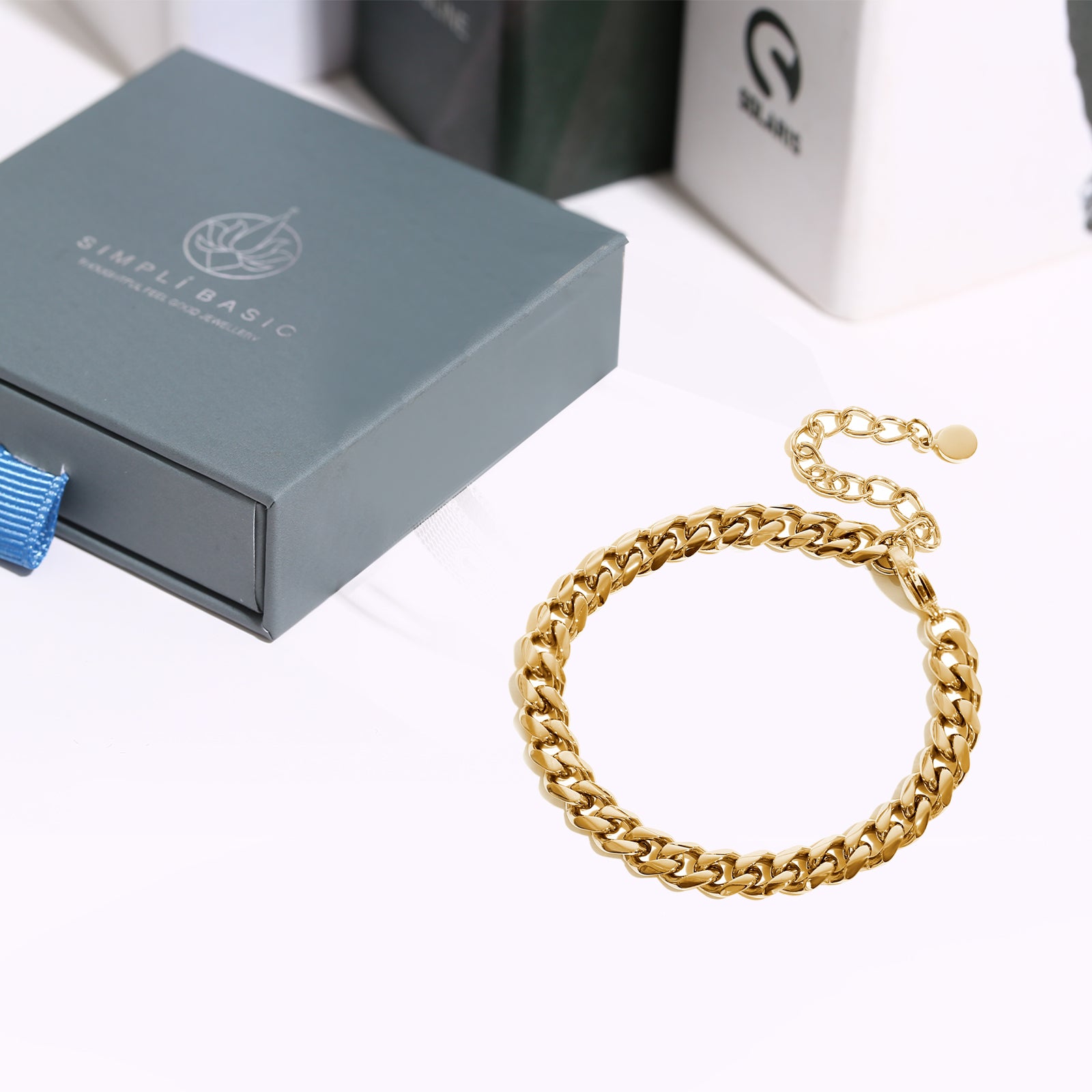 Flat Curb Chain Bracelet, Stainless Steel 18K Gold