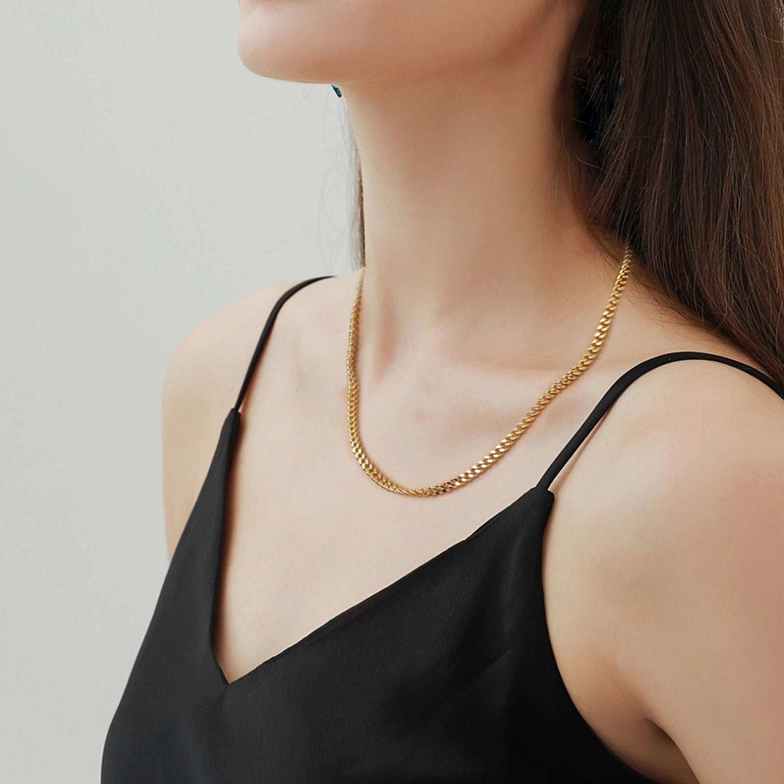 Choker Necklace Flat Curb Chain, Stainless Steel 18K Gold
