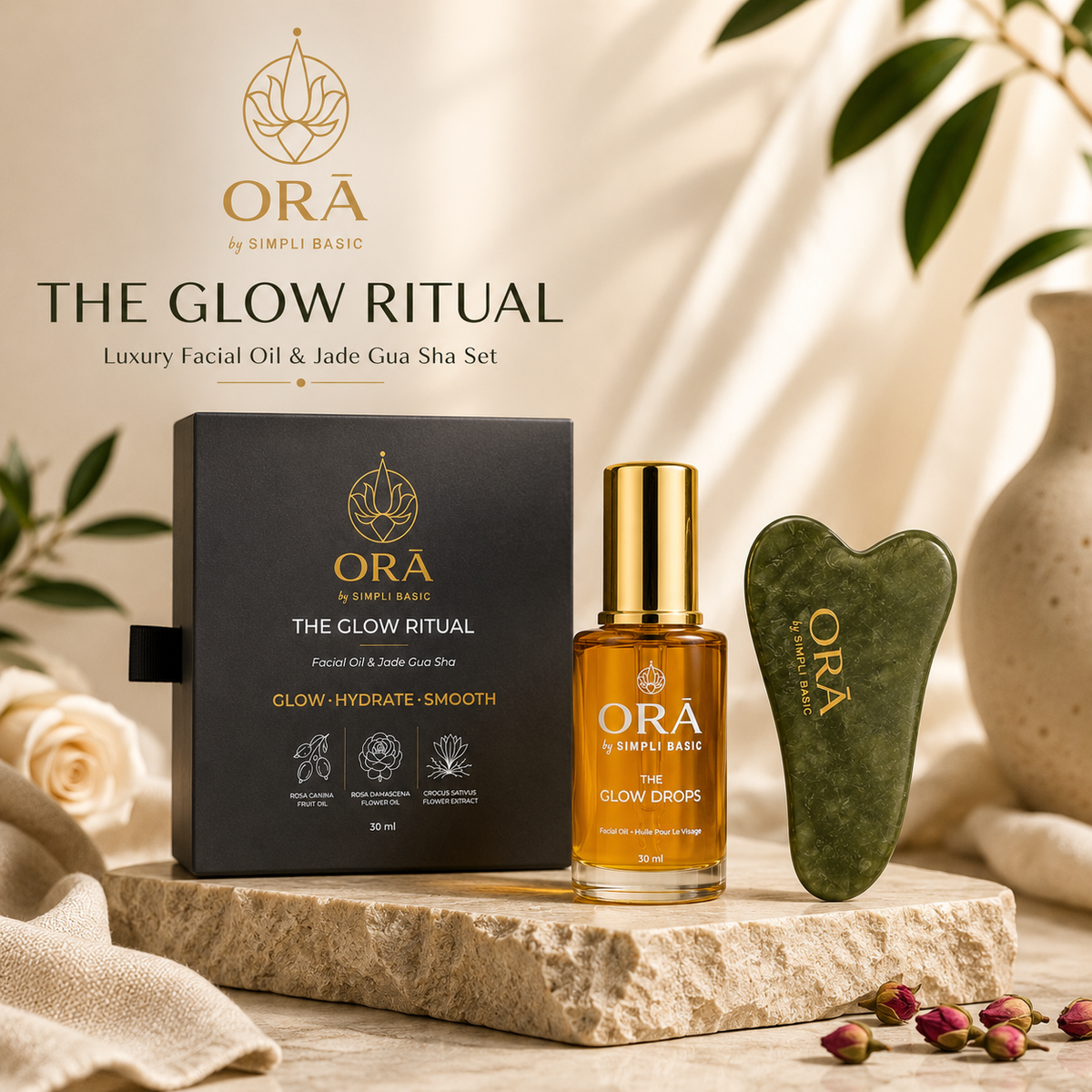 The Glow Drops — Hydrating Rosehip & Saffron Facial Oil + Jade Gua Sha