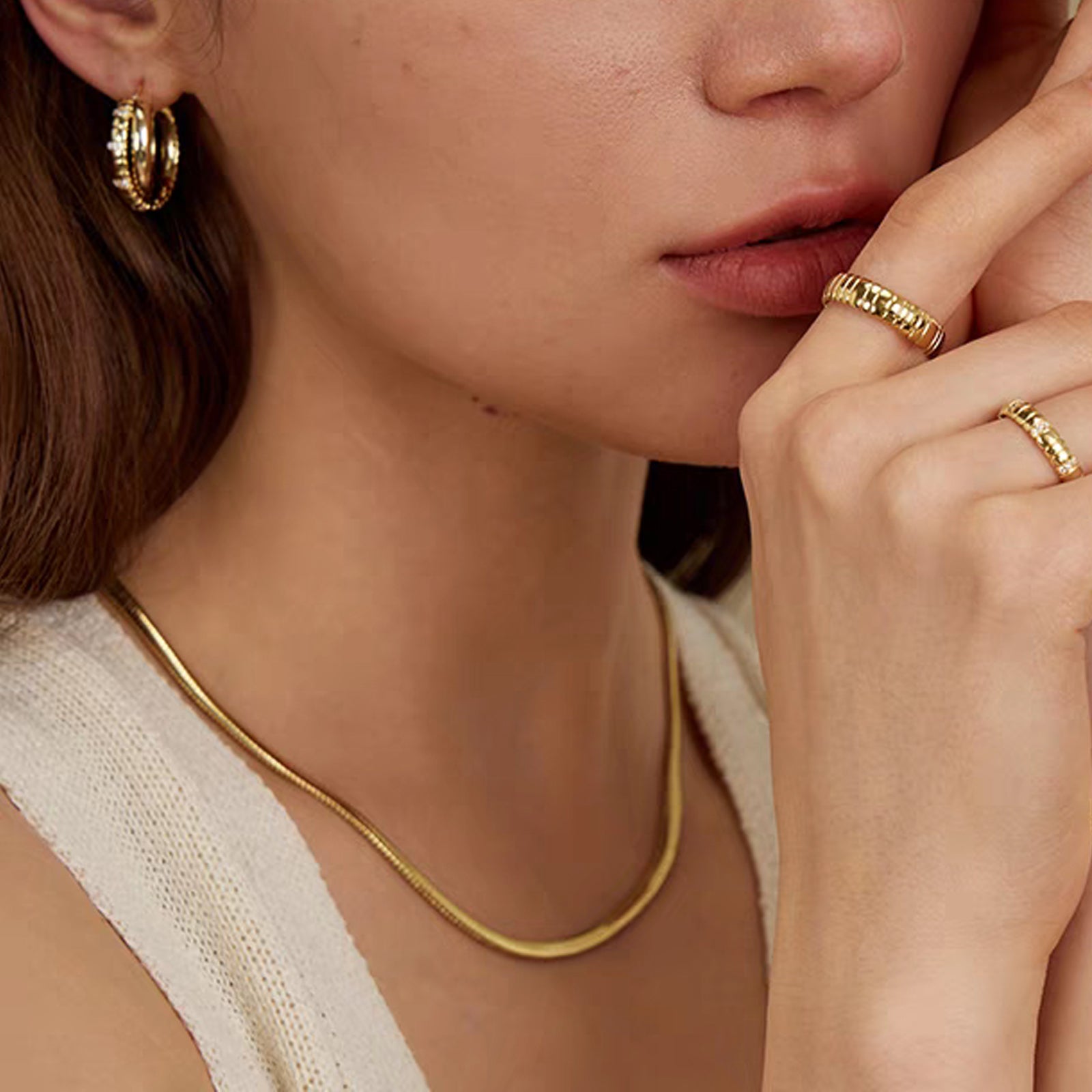 Short Snake Chain Necklace, Stainless Steel 18K Gold