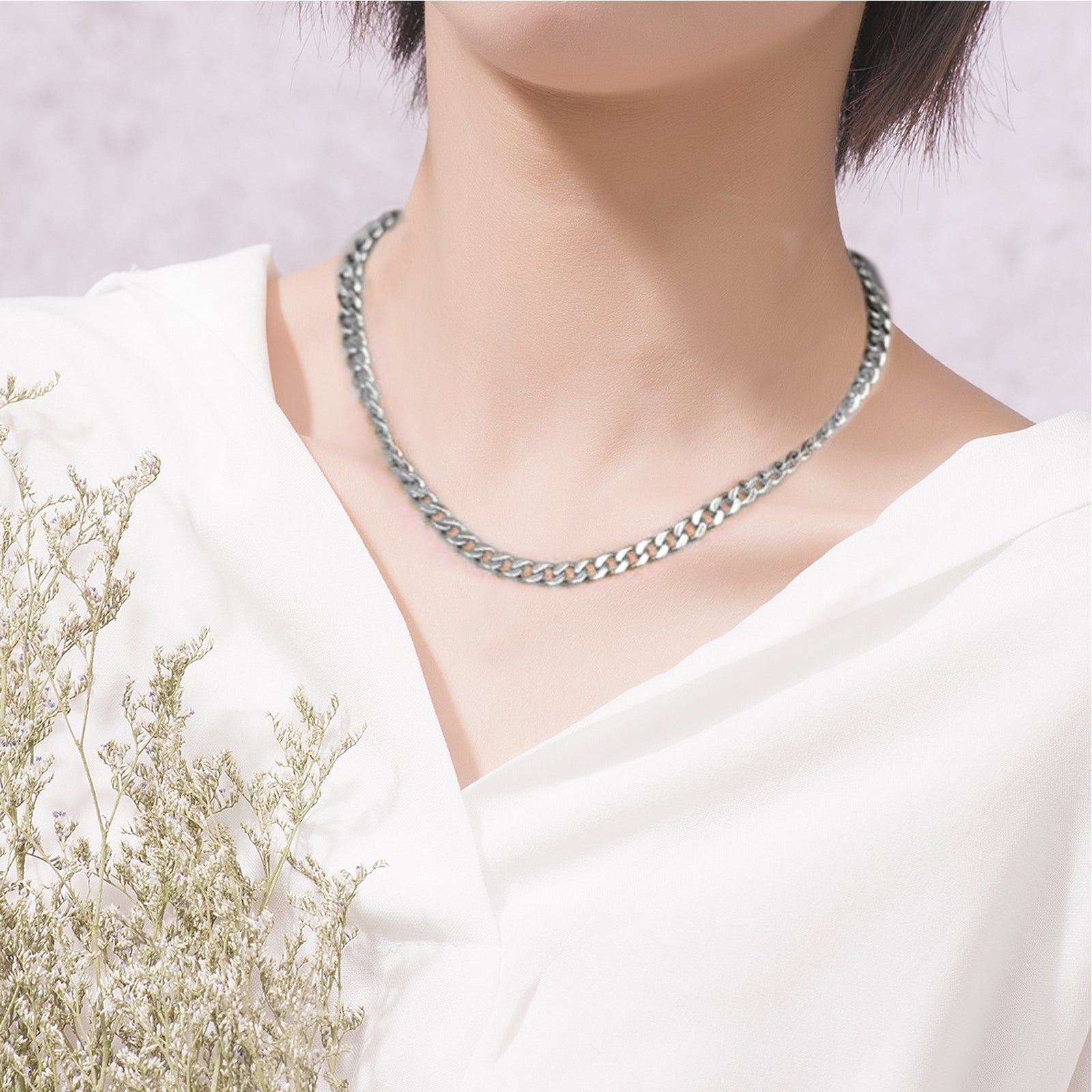 Choker Necklace Flat Curb Chain, Stainless Steel