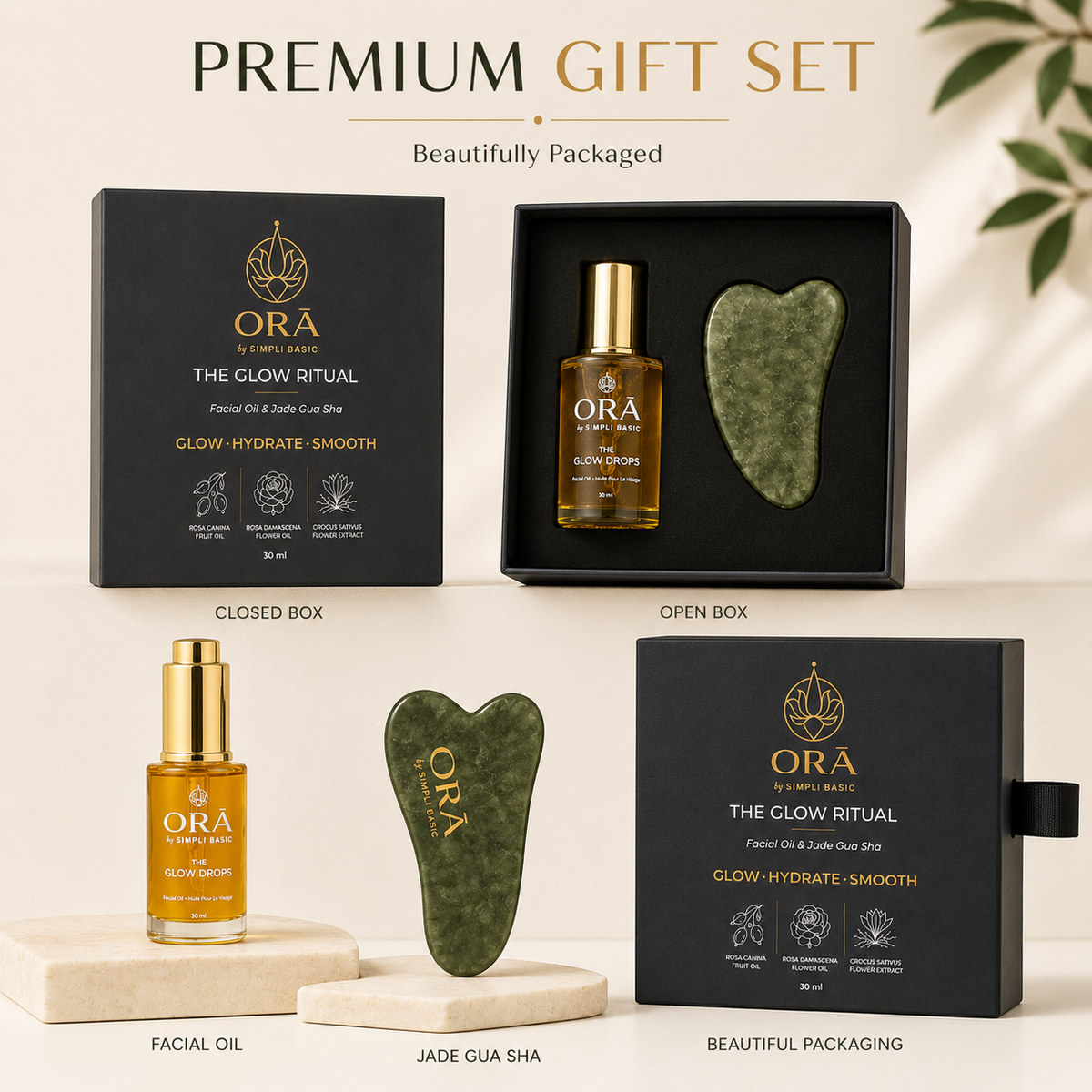 The Glow Drops — Hydrating Rosehip & Saffron Facial Oil + Jade Gua Sha