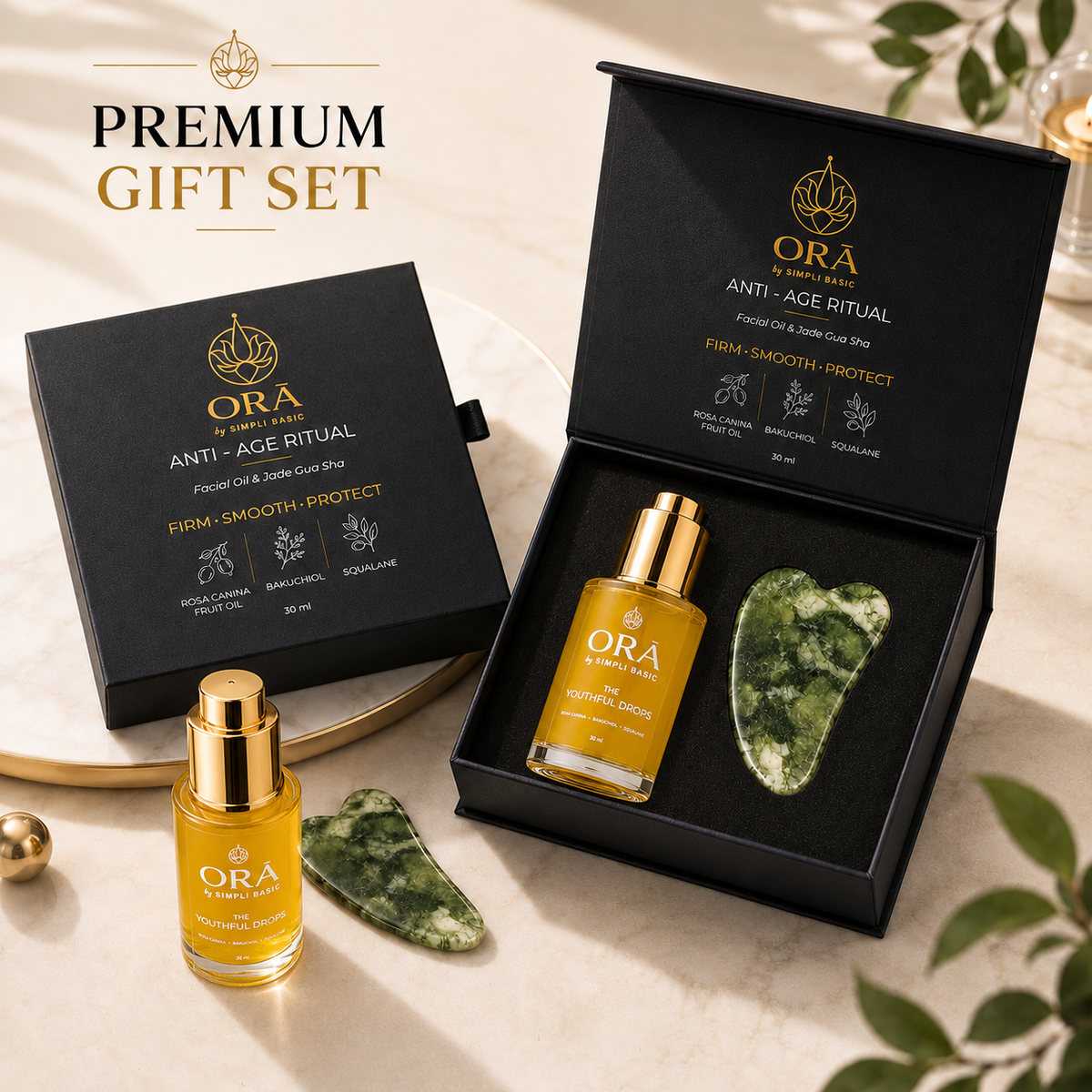 The Youthful Drops — Anti-Age Rosehip & Bakuchiol Facial Oil + Jade Gua Sha