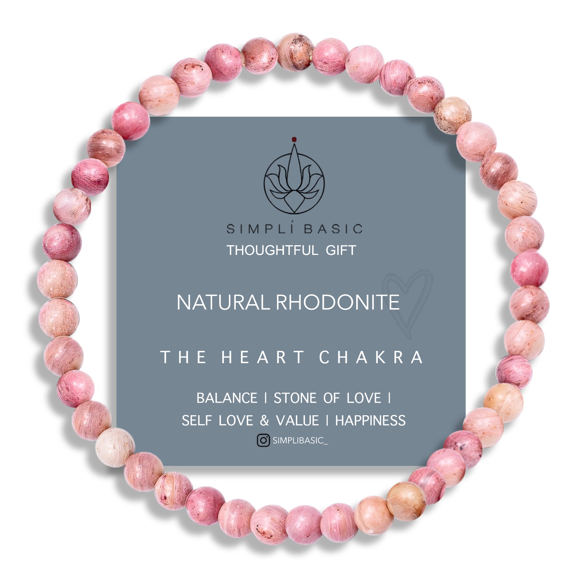 HEALING RHODONITE BEAD BRACELET 4MM