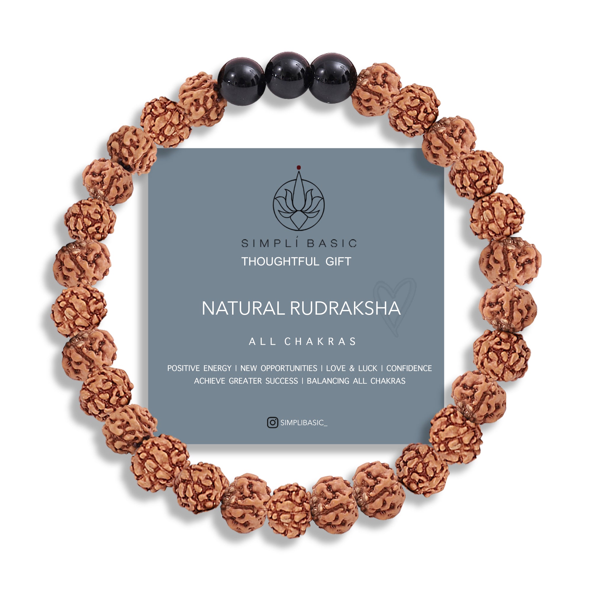 Healing Rudraksha Seed Bead & 3 Black Agate bead bracelet 6mm