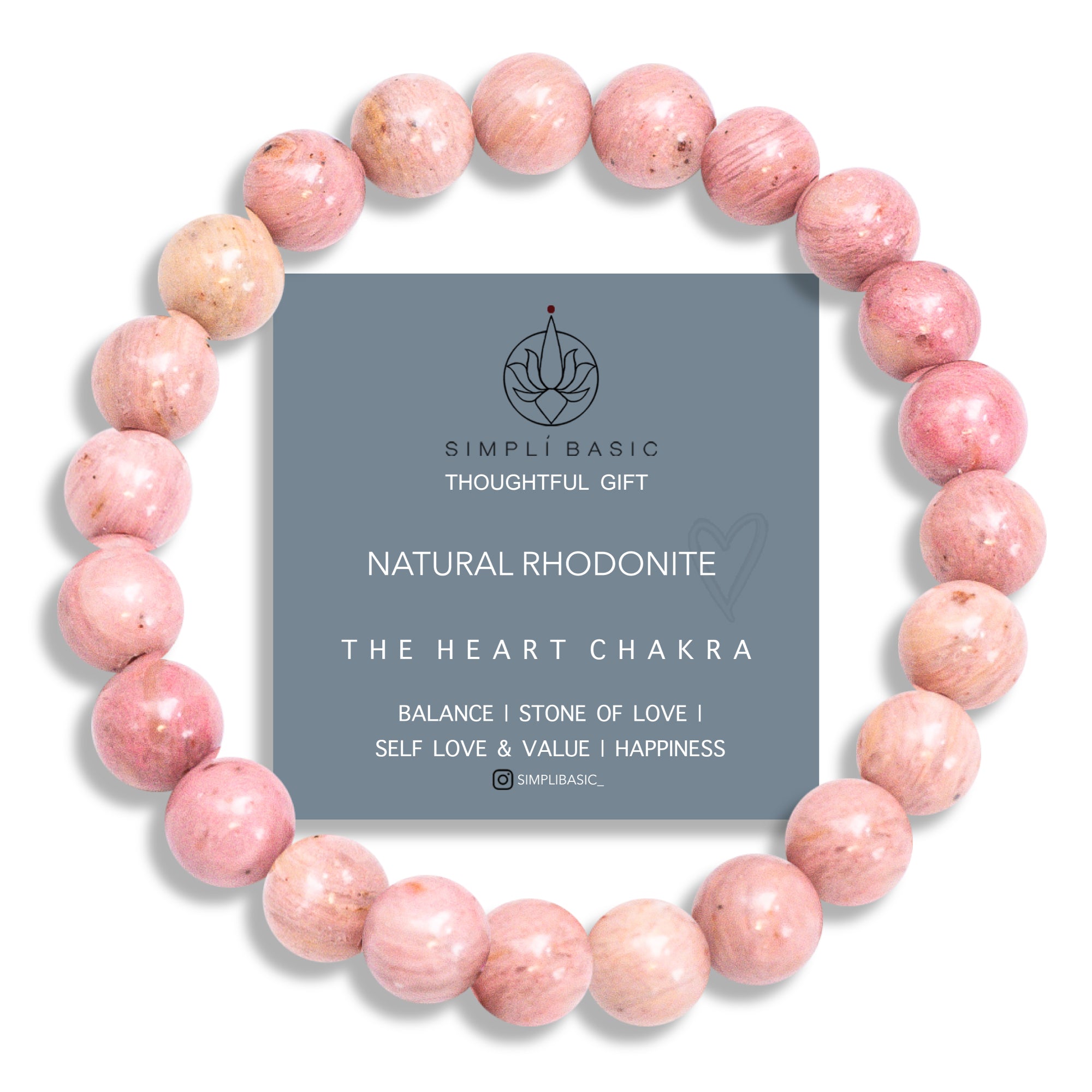 HEALING RHODONITE BEAD BRACELET 8MM