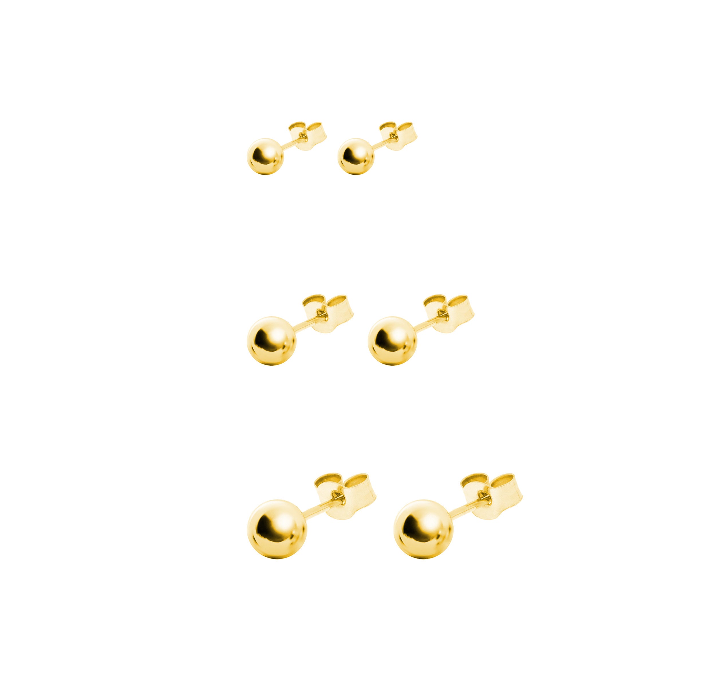 Round Ball Set of 3 Pairs Sterling Silver Studs 14K Gold