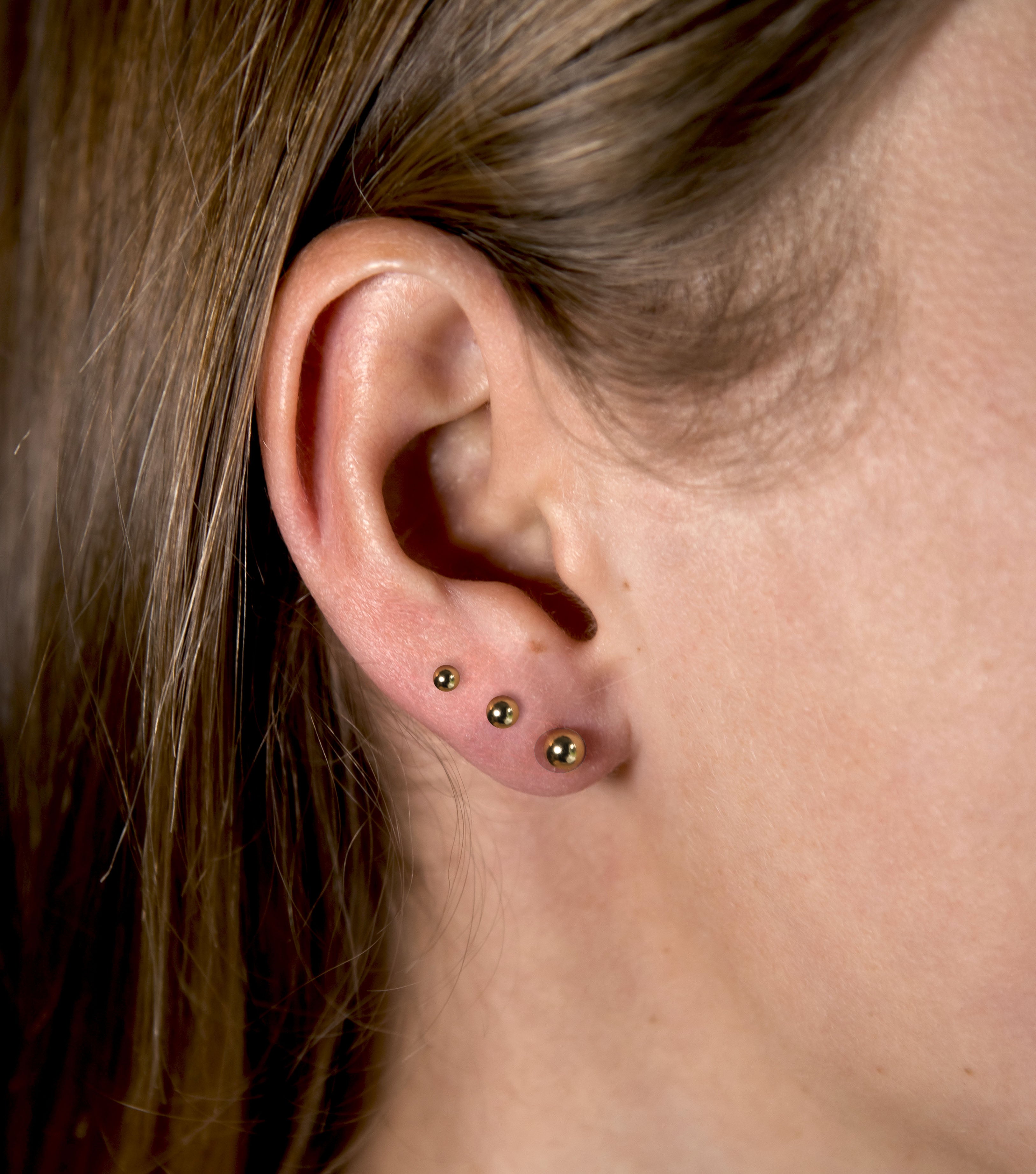 Round Ball Set of 3 Pairs Sterling Silver Studs 14K Gold