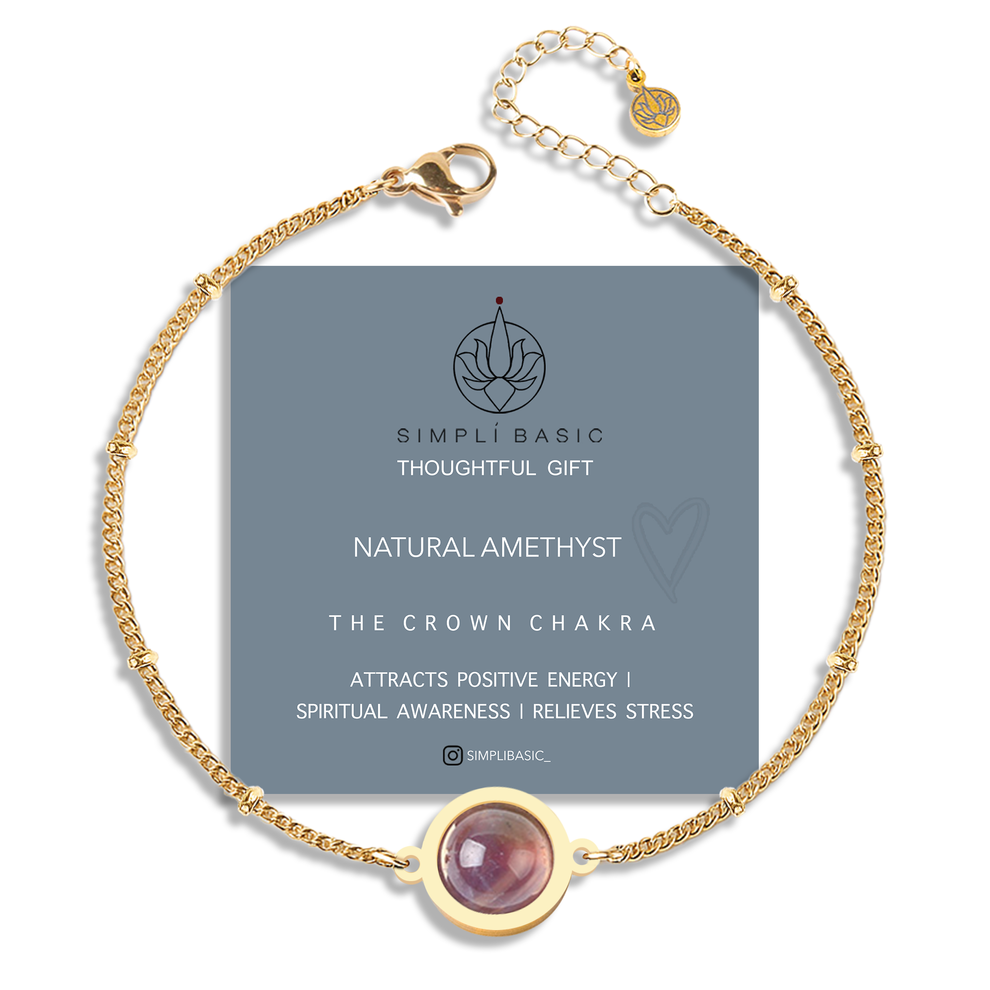 NATURAL AMETHYST 18K GOLD PLATED STAINLESS STEEL CHAIN BRACELET