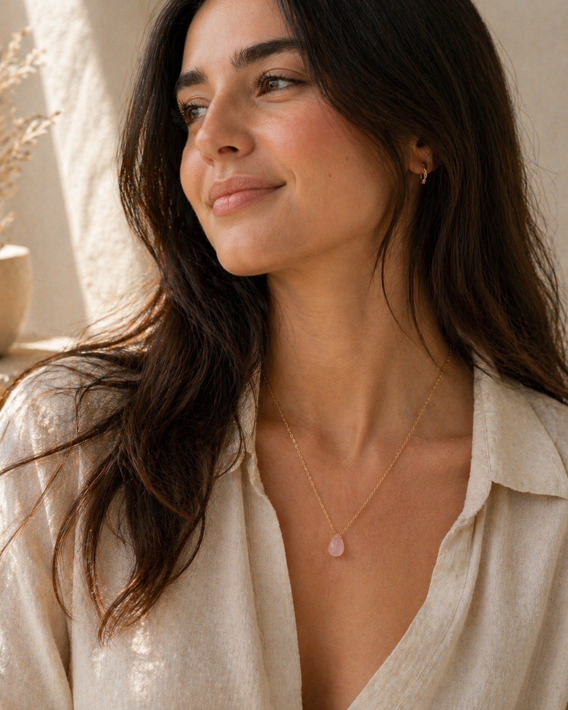 NATURAL ROSE QUARTZ TEARDROP 18K GOLD PLATED CHAIN NECKLACE