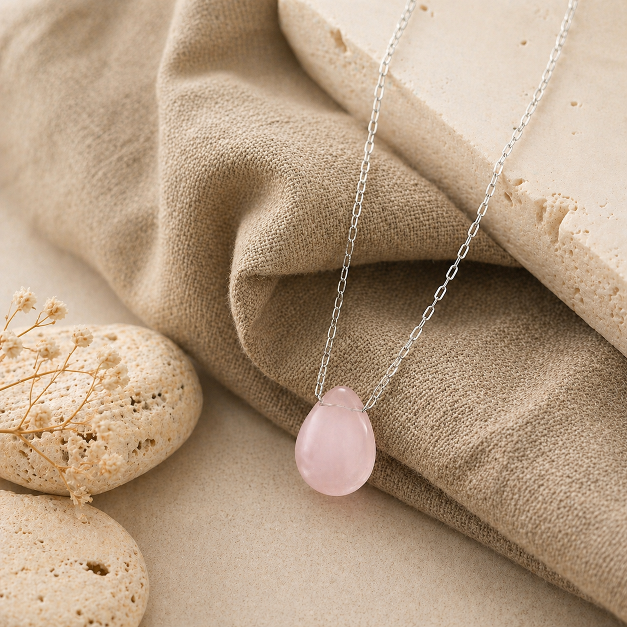 NATURAL ROSE QUARTZ FLOATING STONE SILVER CHAIN NECKLACE