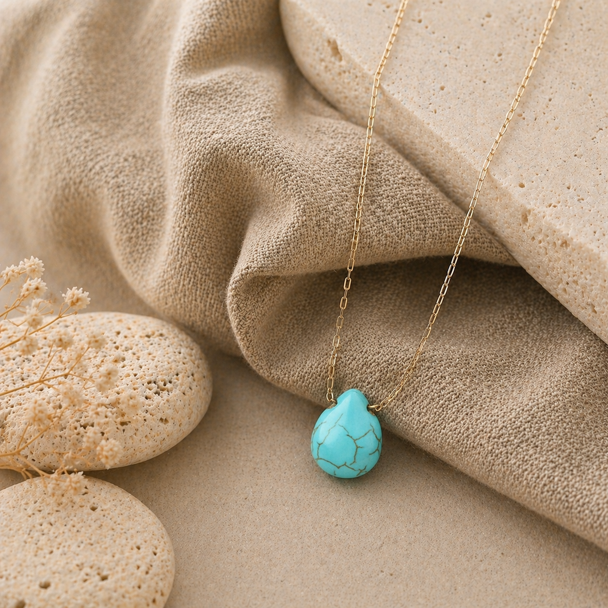 TURQUOISE FLOATING STONE 18K GOLD PLATED CHAIN NECKLACE