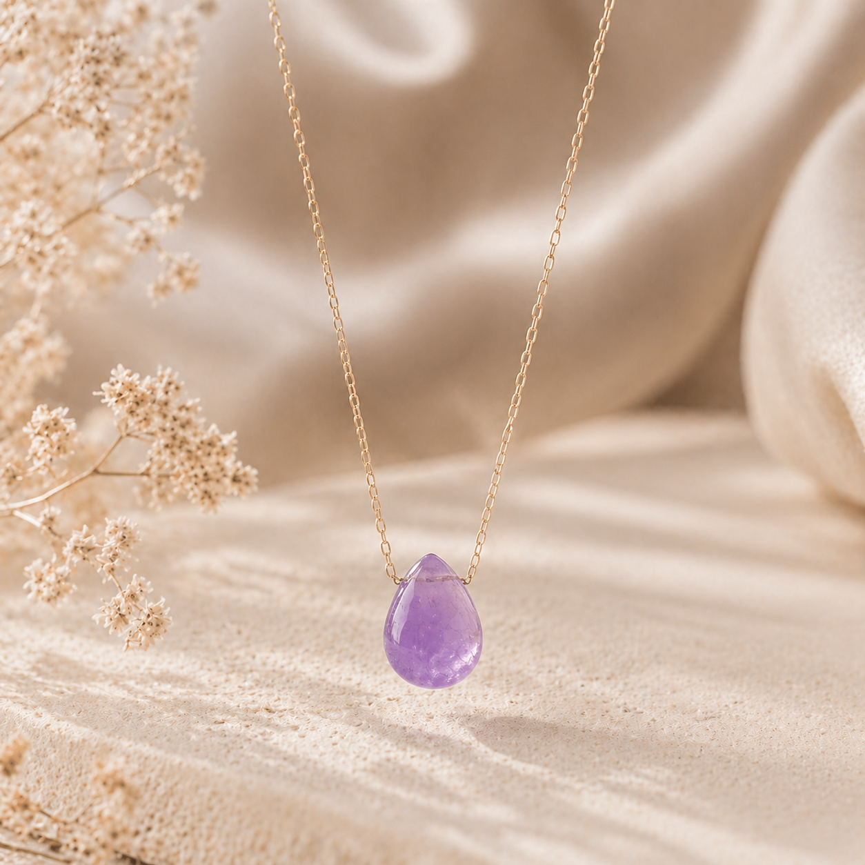 AMETHYST FLOATING STONE 18K GOLD PLATED CHAIN NECKLACE