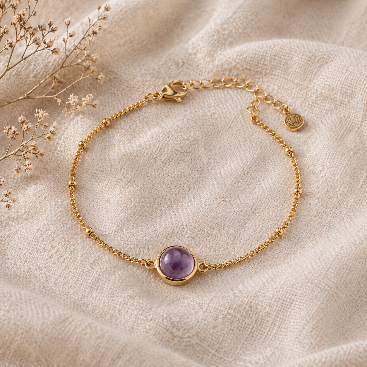 Healing Amethyst Bead Bracelet & 18k Gold Chain Bracelet Set