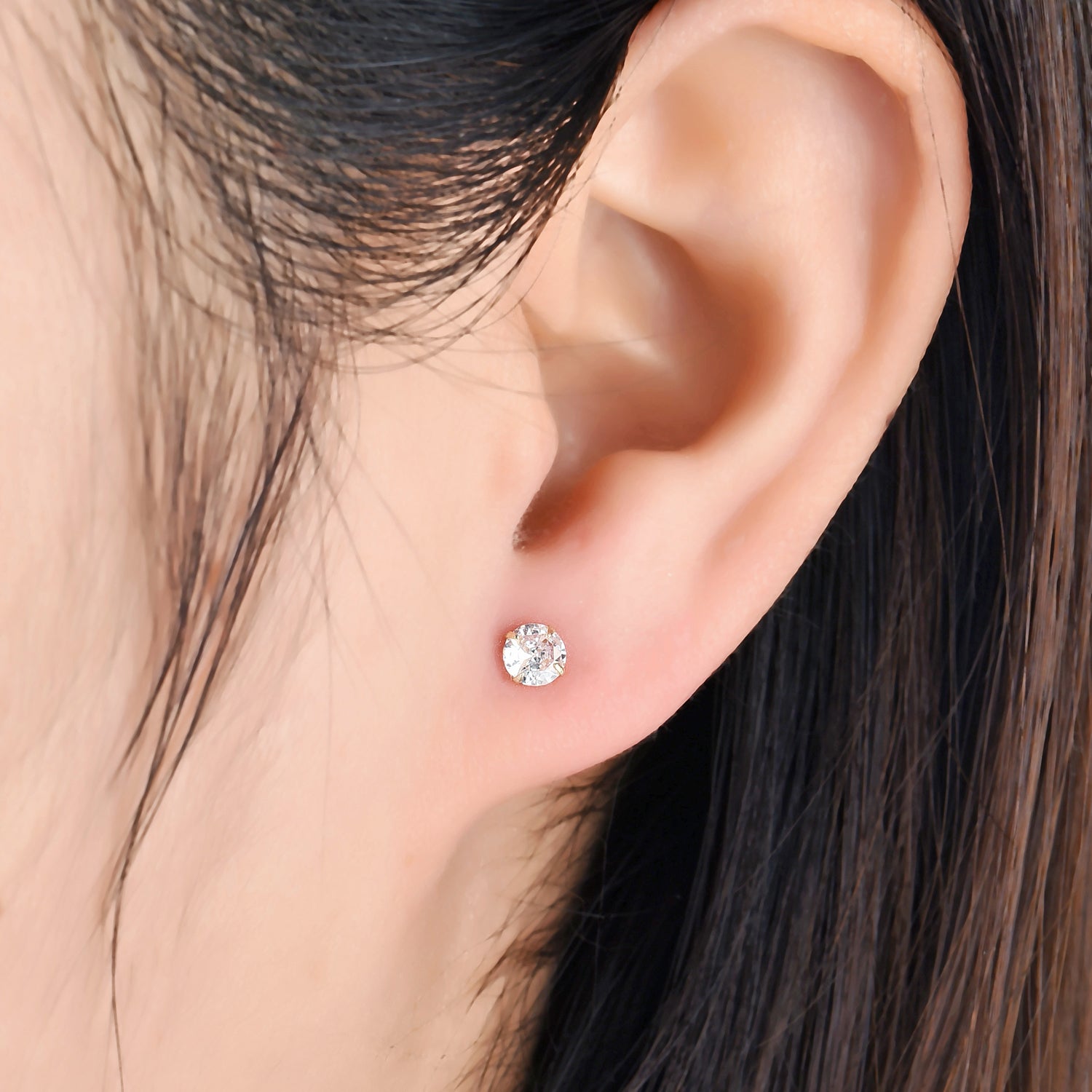 Round Cut Cubic Zirconia Set of 3 Pairs Sterling Silver Studs 14K Gold