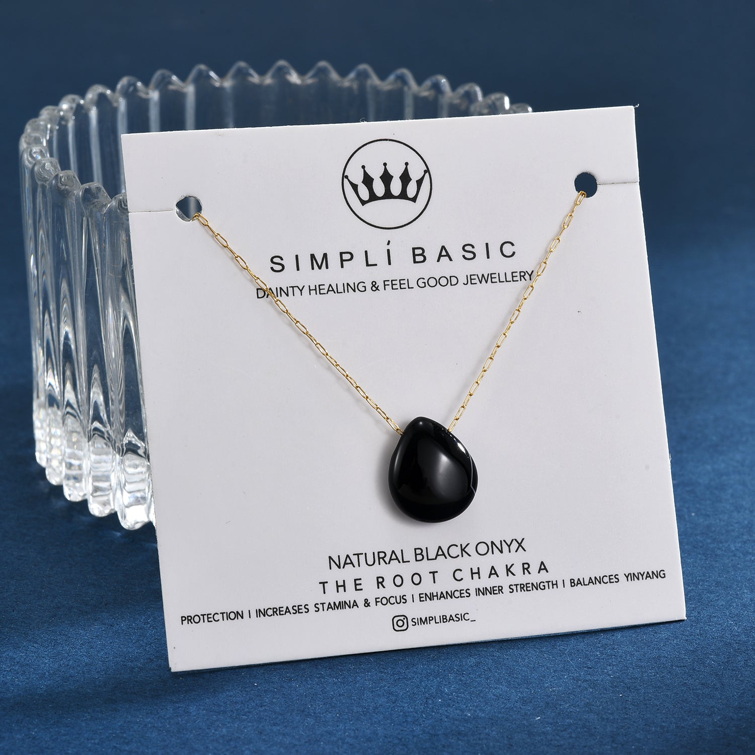 NATURAL BLACK ONYX TEARDROP 18K GOLD PLATED CHAIN NECKLACE