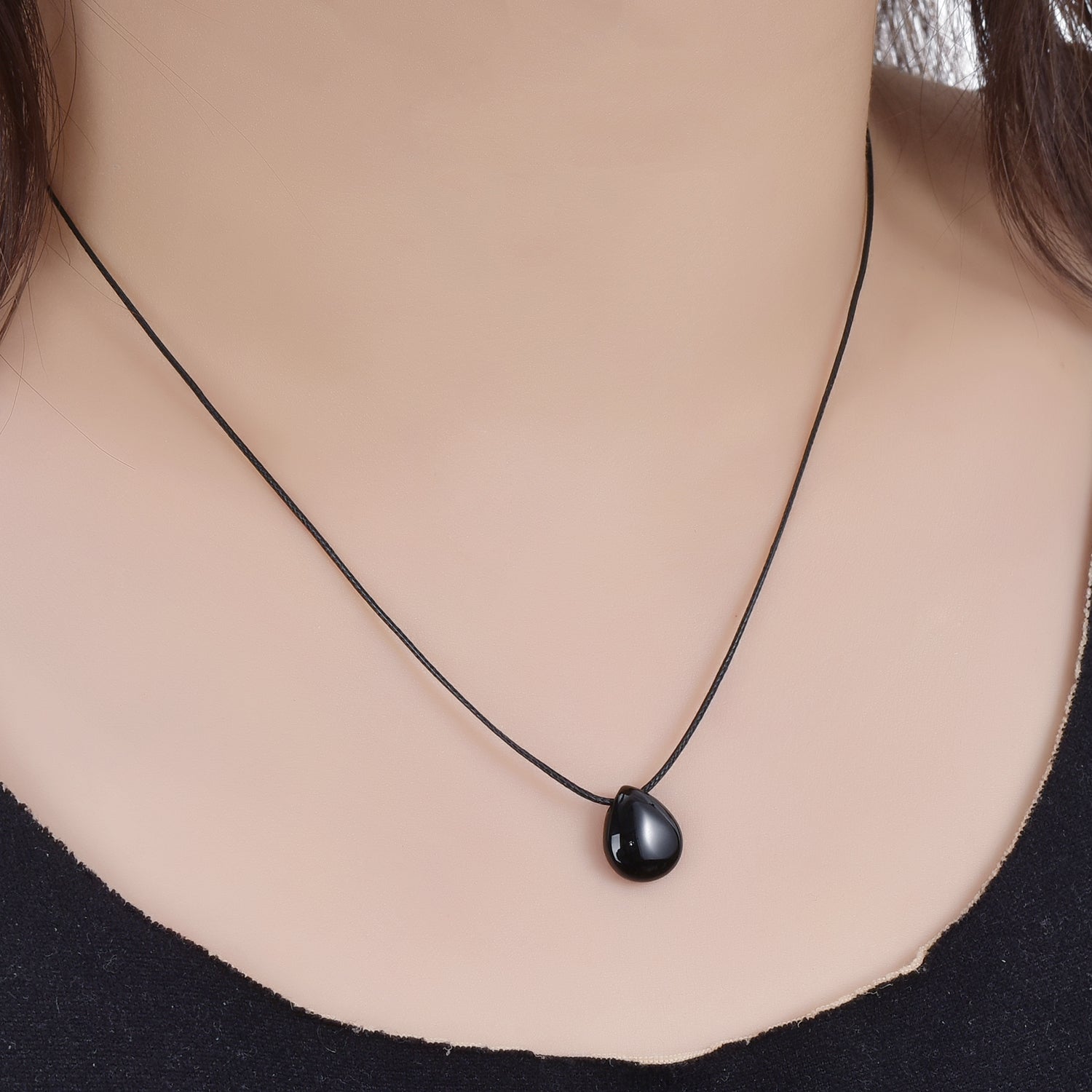 Black Agate cord Necklace (pear drop stone)