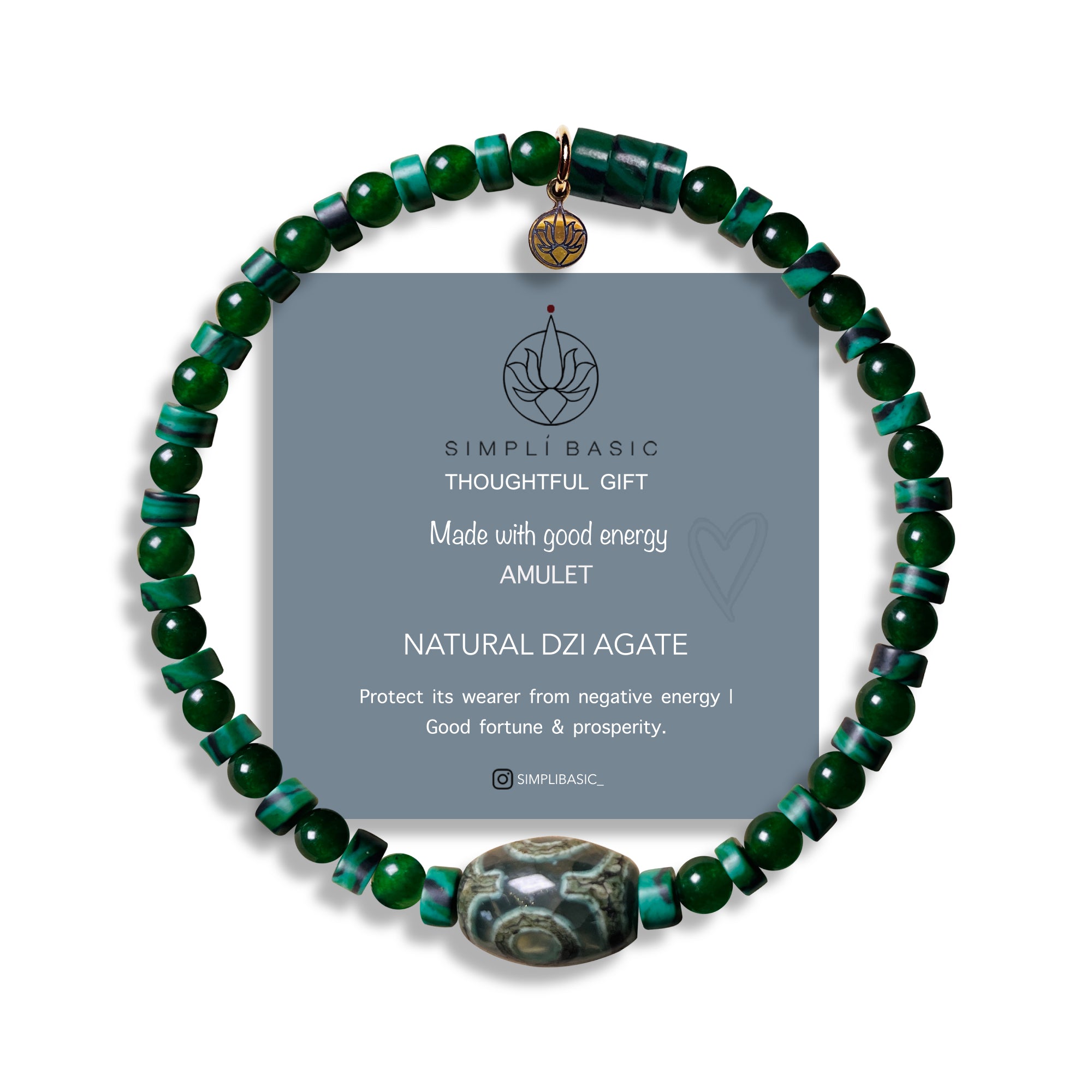Malachite & Jade Three Eye Dzi Bead Bracelet