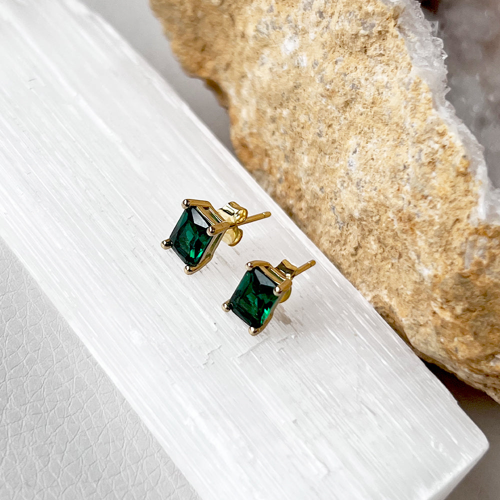 Green Emerald Cut Stud 14k Gold plated