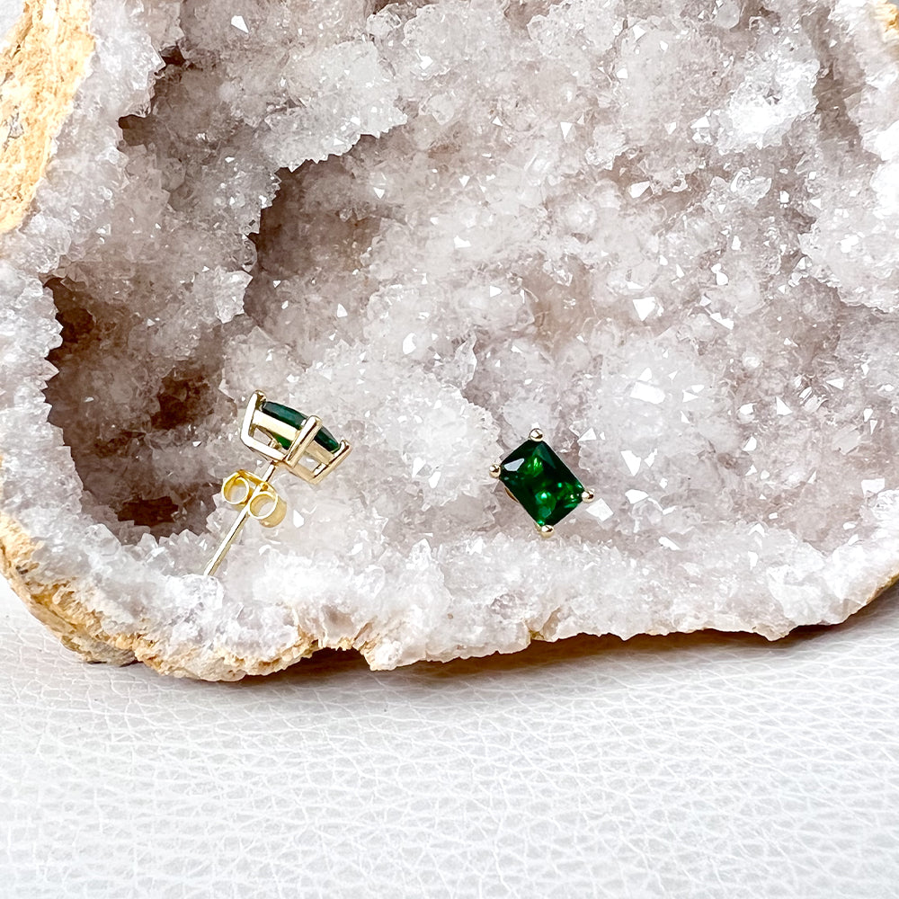 Green Emerald Cut Stud 14k Gold plated