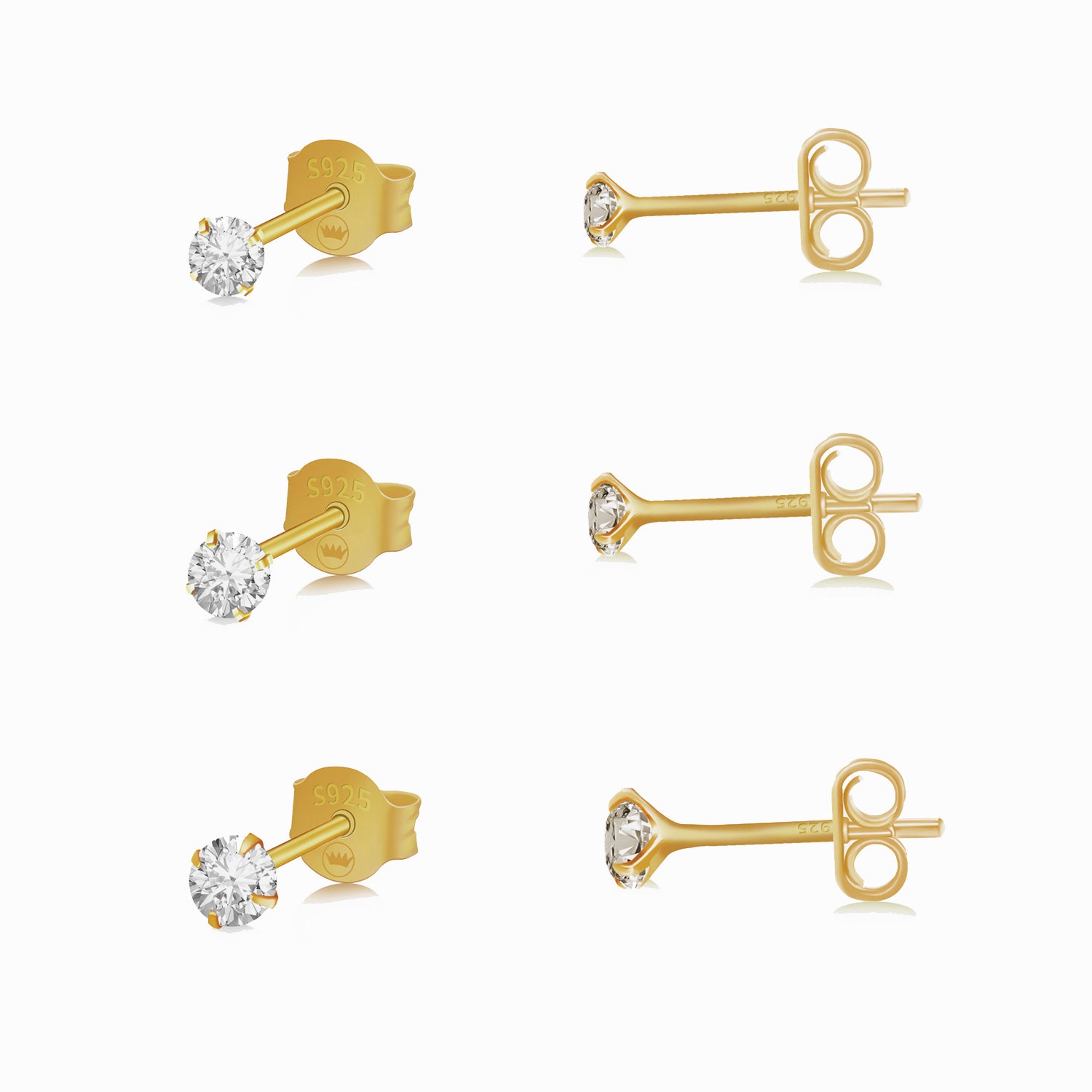Round Cut Cubic Zirconia Set of 3 Pairs Sterling Silver Studs 14K Gold
