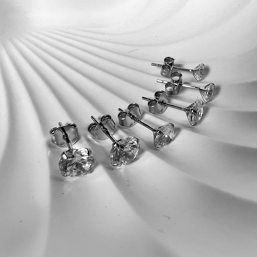 Round Cut Cubic Zirconia Set of 3 Pairs Sterling Silver Studs
