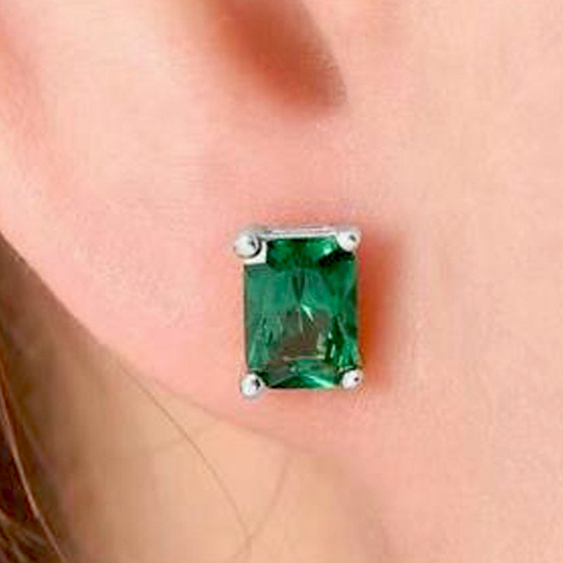 Green Emerald Cut Stud Silver