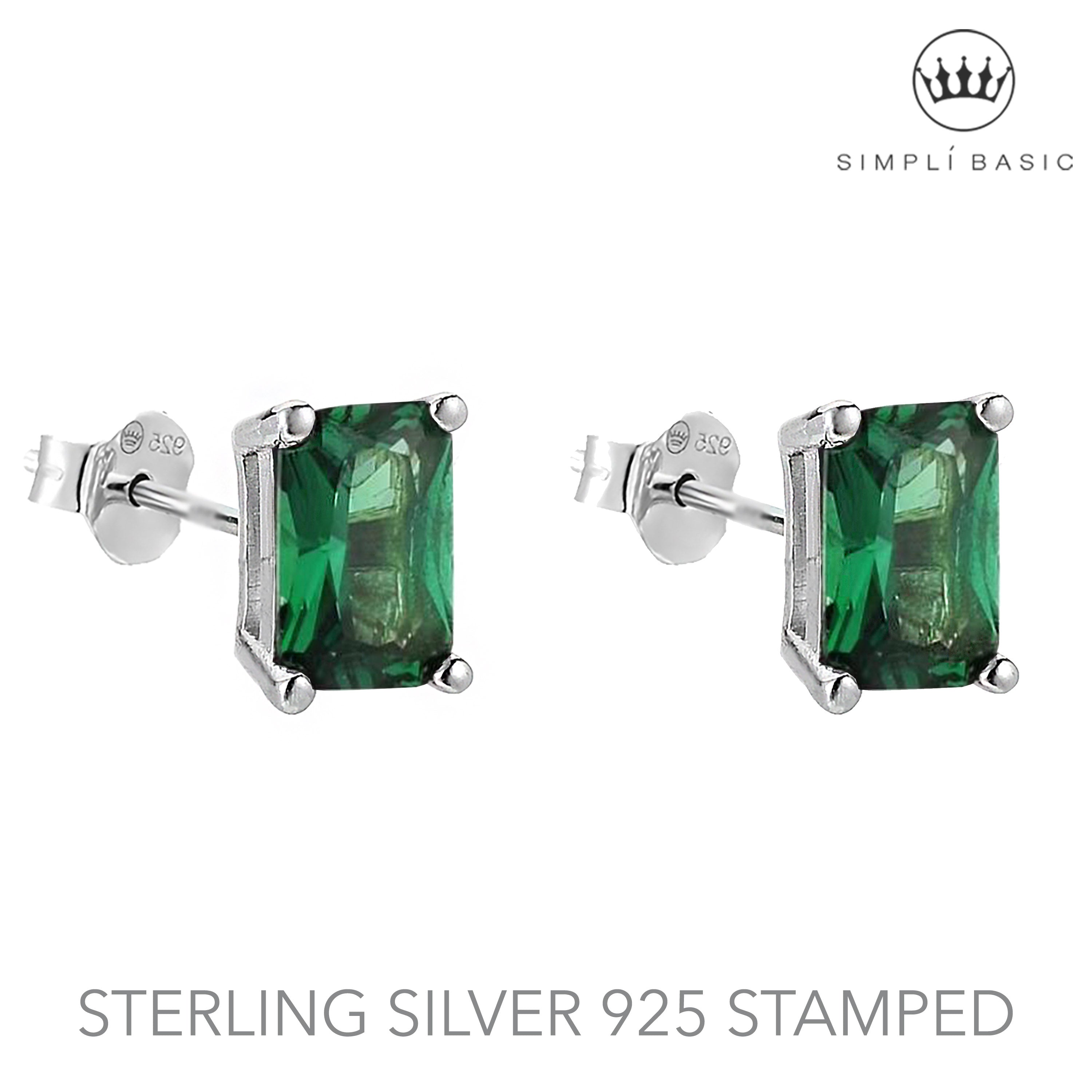 Green Emerald Cut Stud Silver