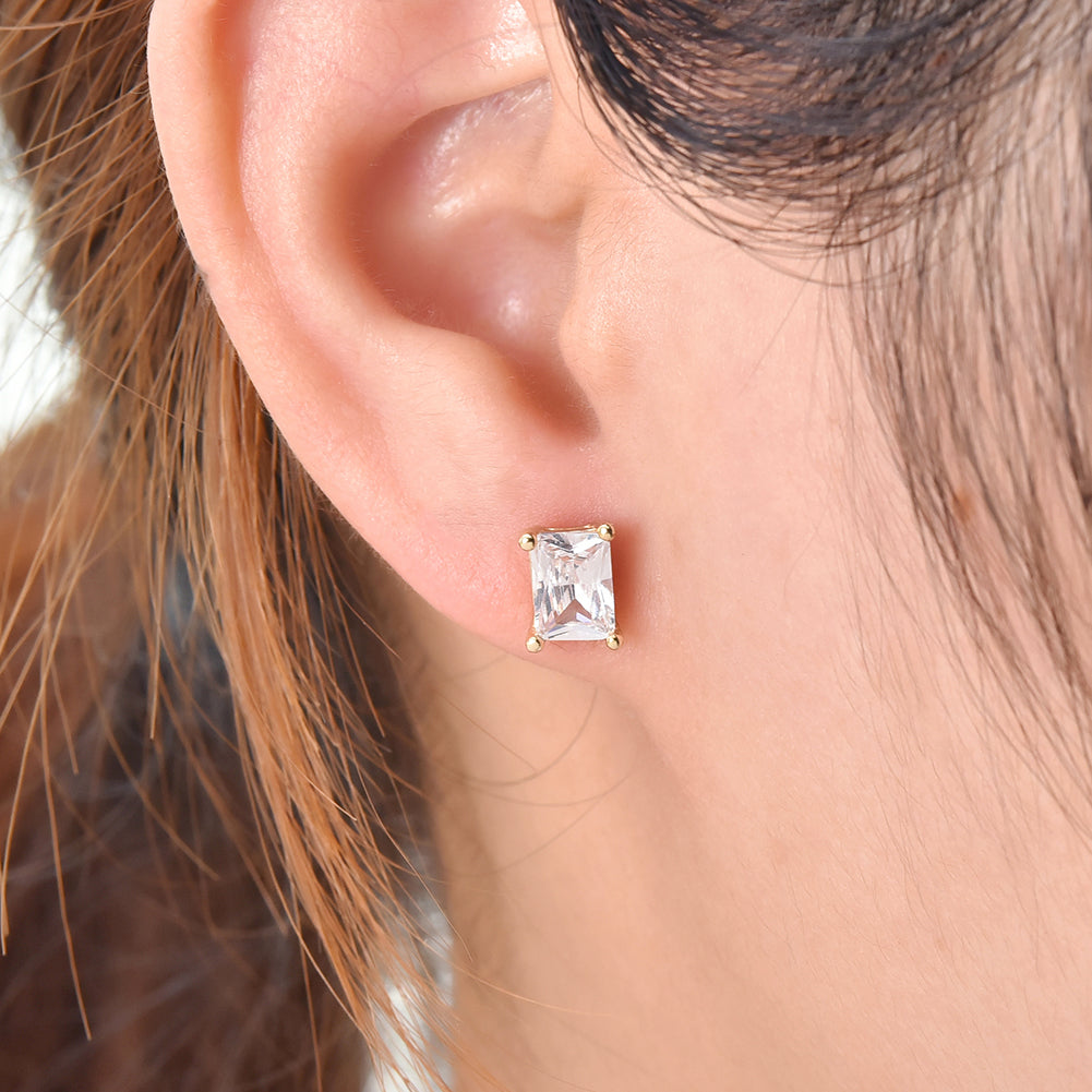 White Emerald Cut Stud 14k Gold Plated