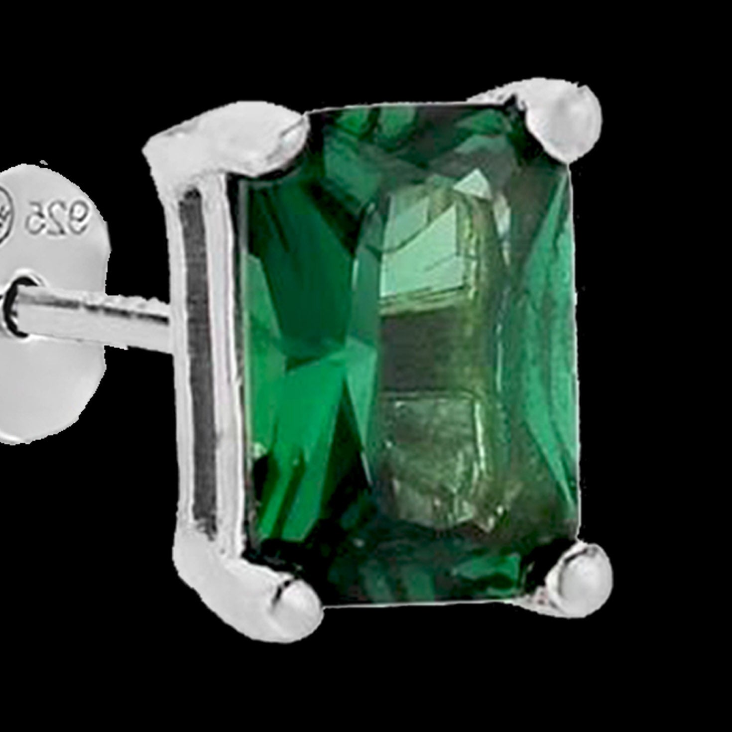 Green Emerald Cut Stud Silver
