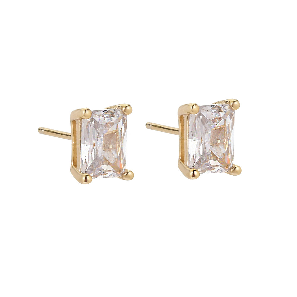 White Emerald Cut Stud 14k Gold Plated