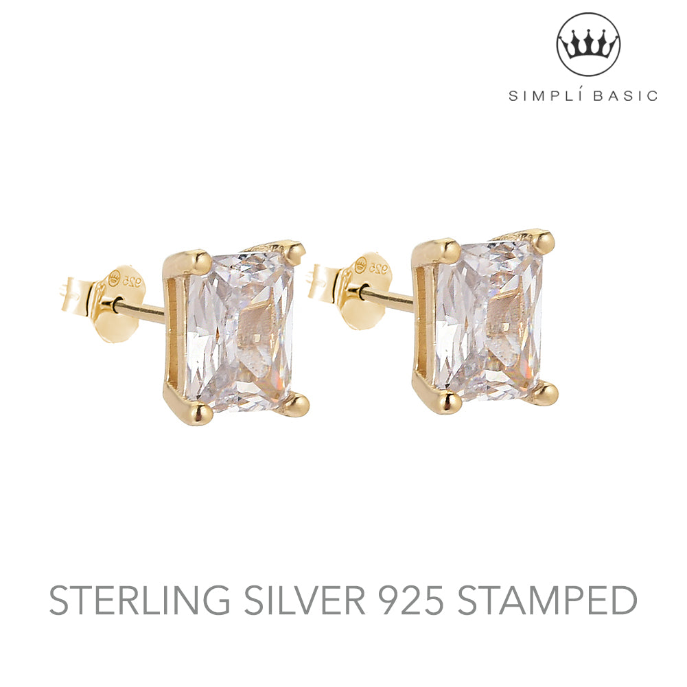 White Emerald Cut Stud 14k Gold Plated