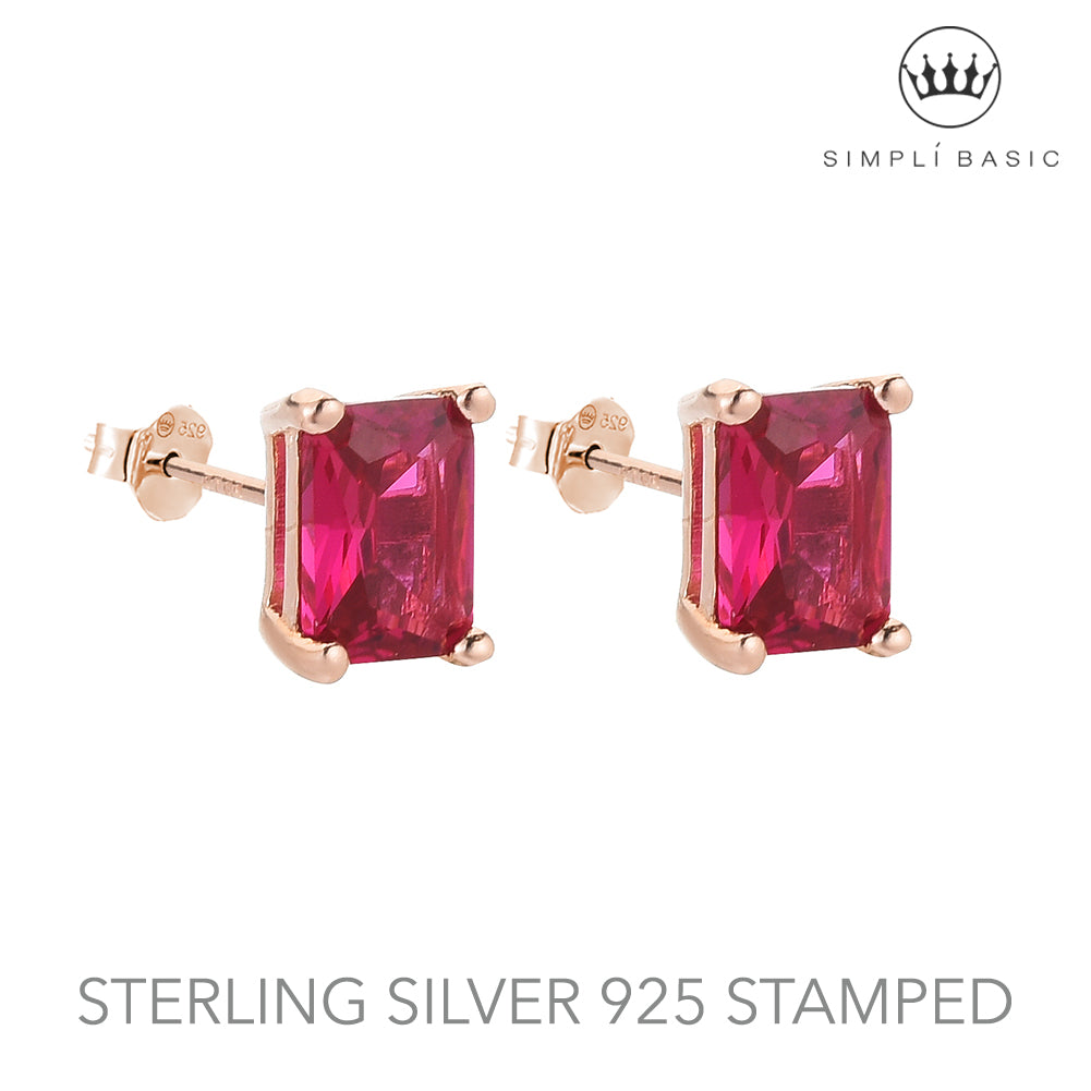 Ruby Emerald Cut Stud Rose Gold Plated