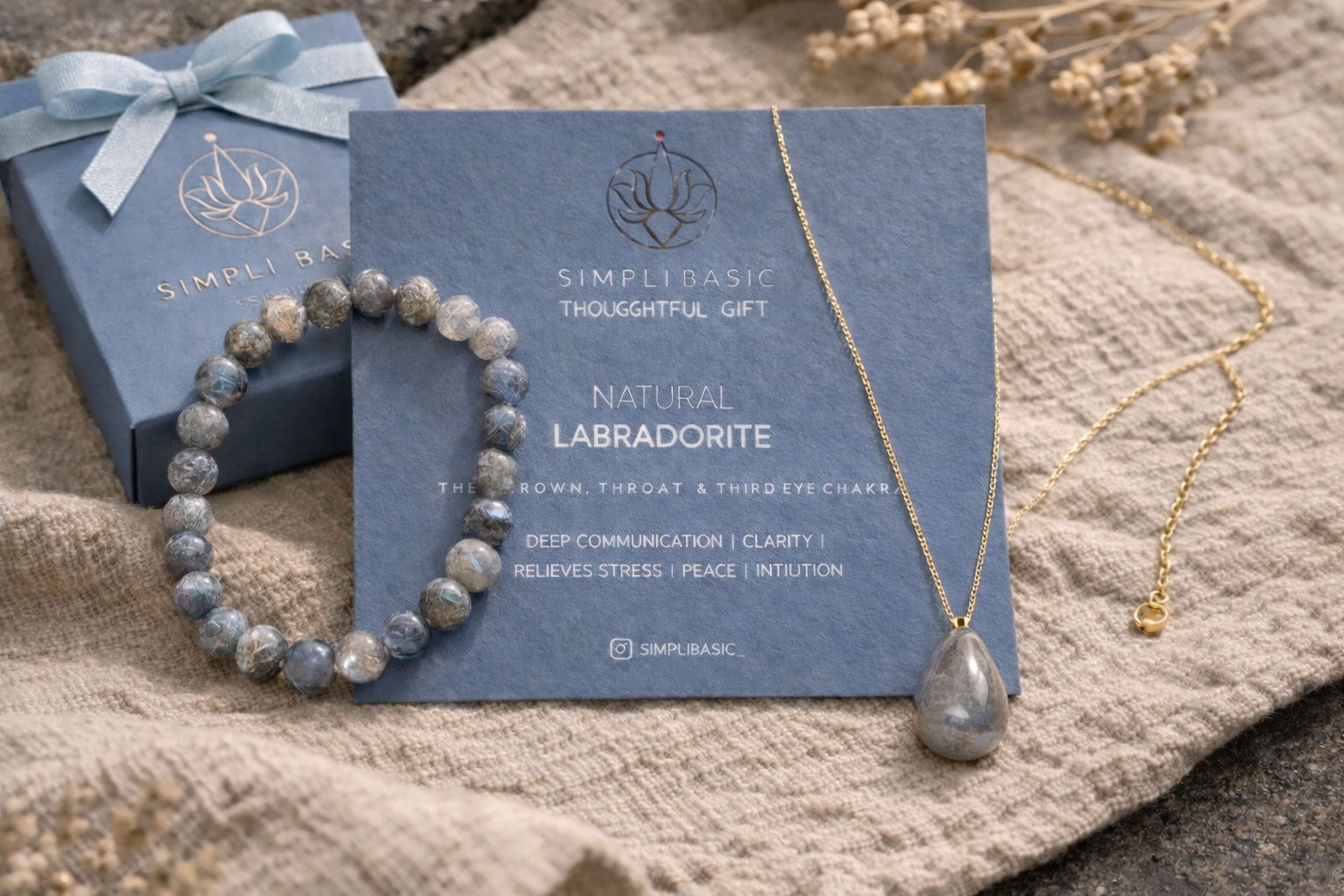 Healing Labradorite Bead Bracelet & Teardrop Chain Necklace Set