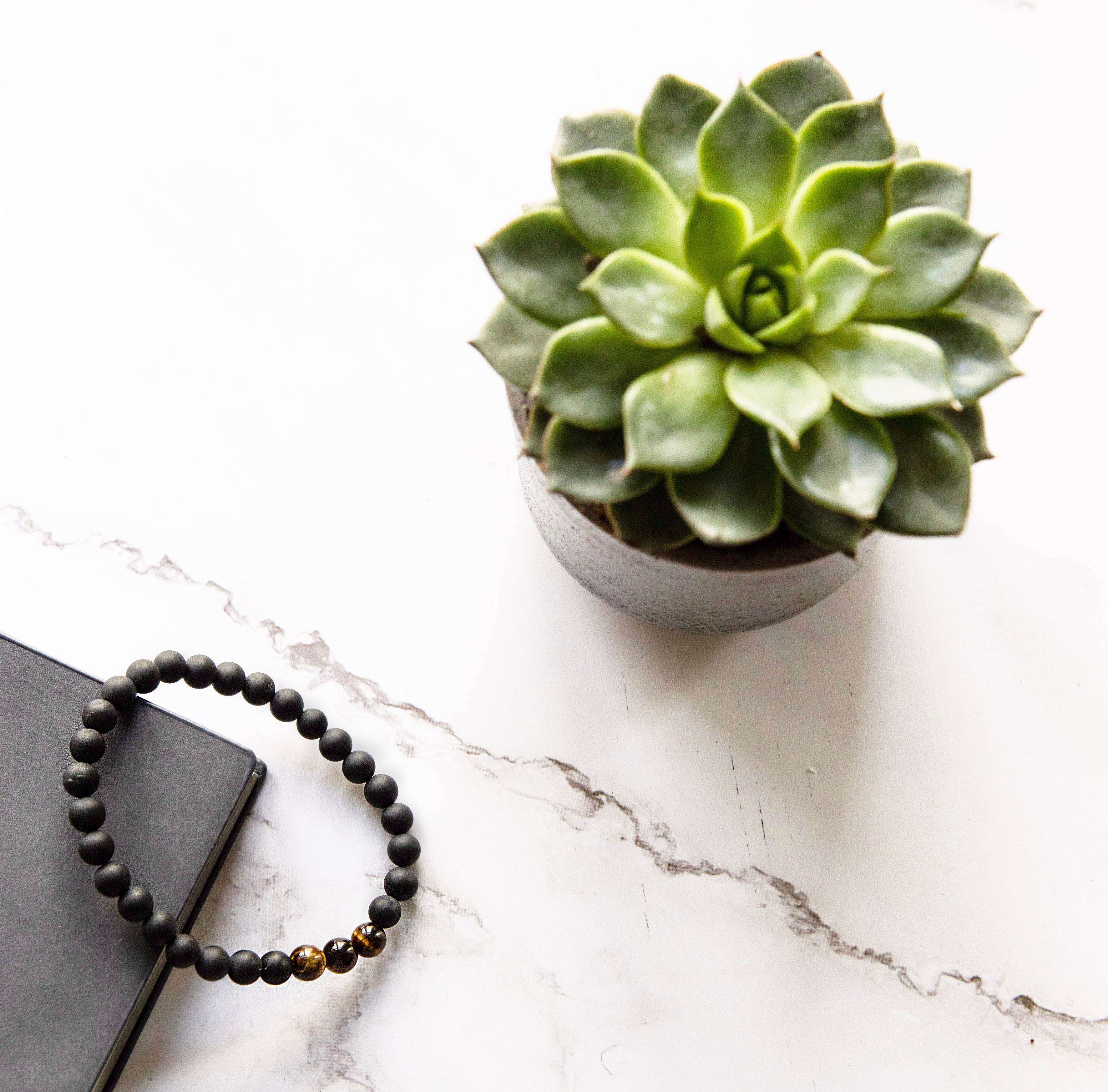 Healing Matte Onyx & 3 Tiger Eye bead bracelet 6mm