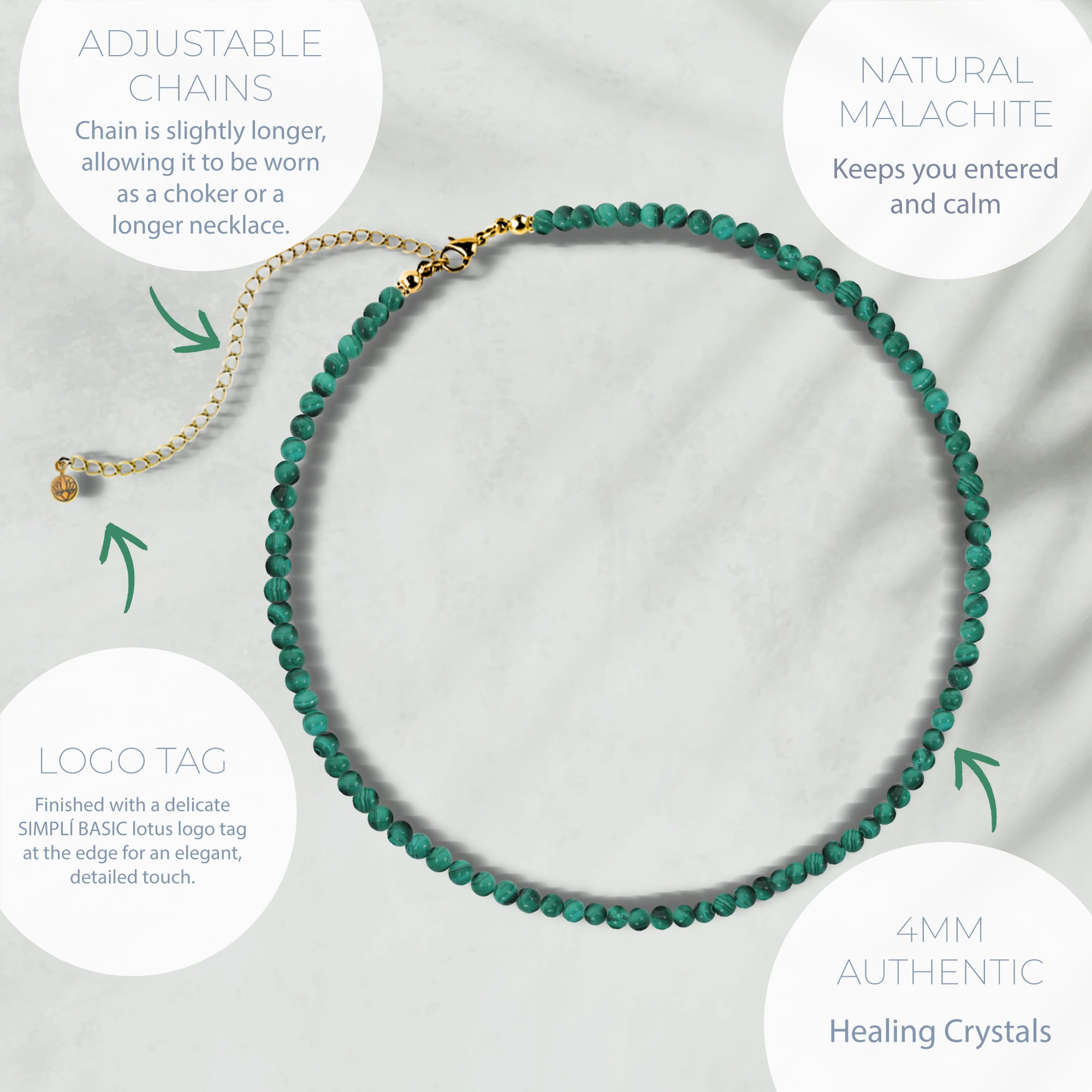 NATURAL MALACHITE HEALING GEMSTONE BEADS NECKLACE
