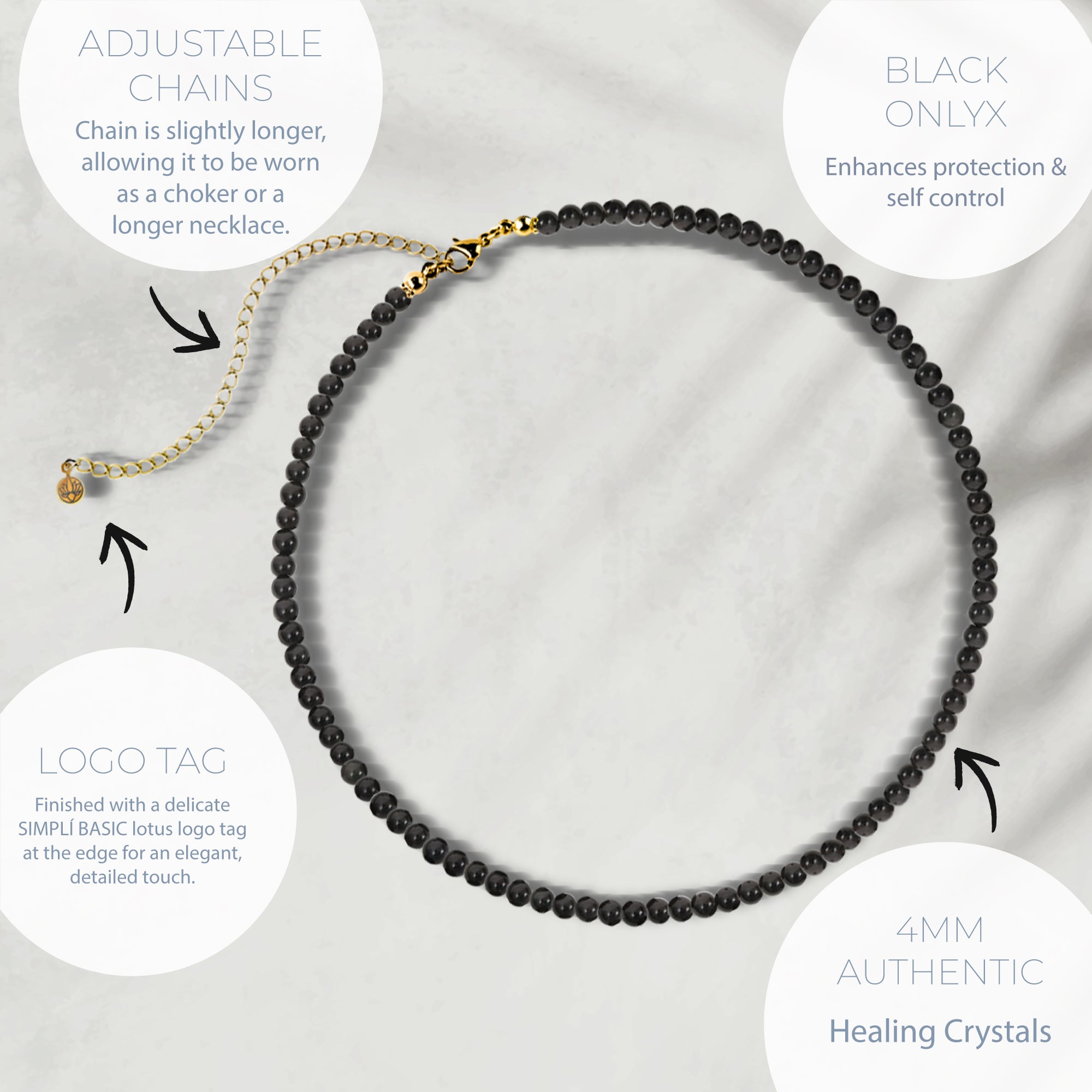 NATURAL BLACK ONYX HEALING GEMSTONE BEADS NECKLACE