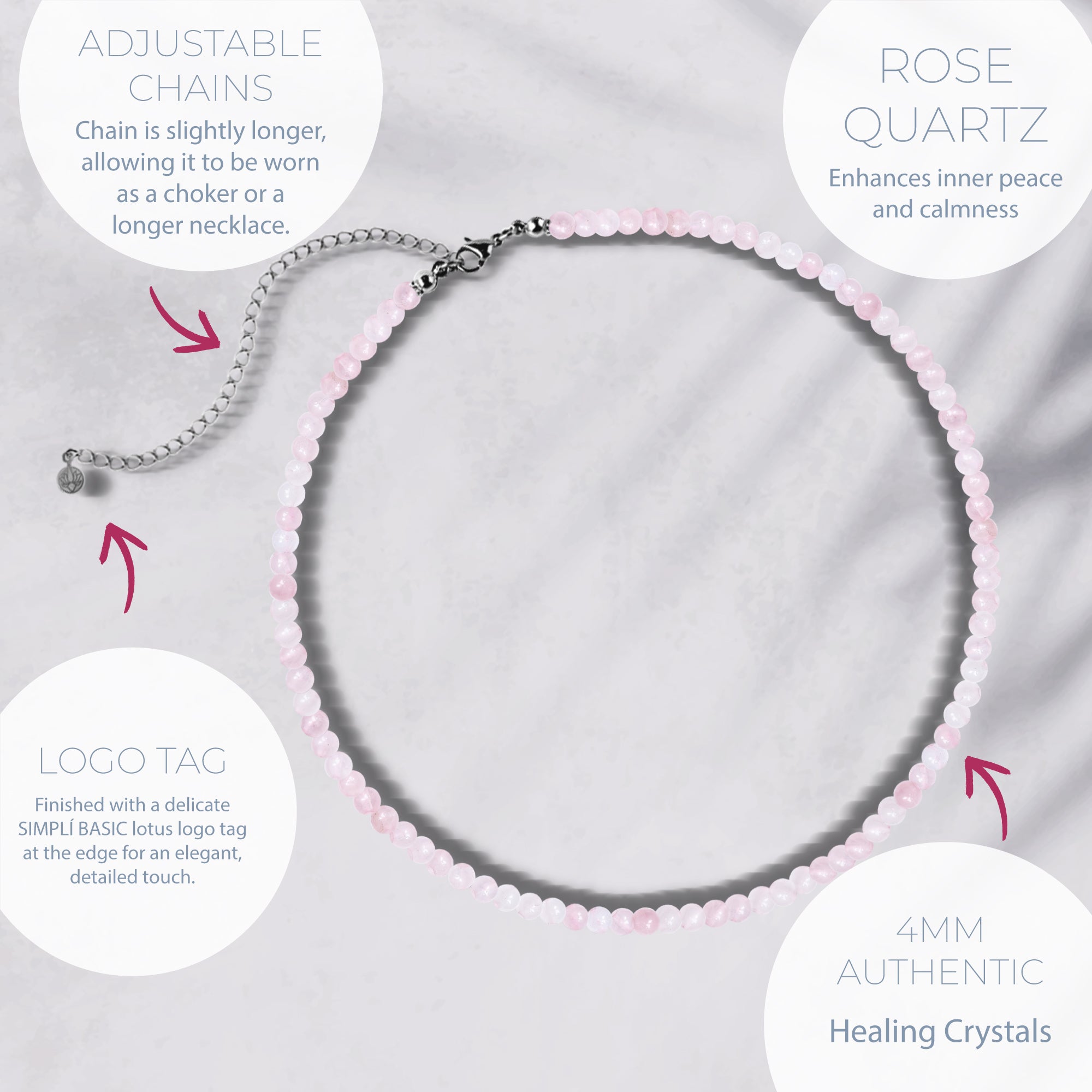 NATURAL ROSE QUARTZ HEALING GEMSTONE BEADS NECKLACE