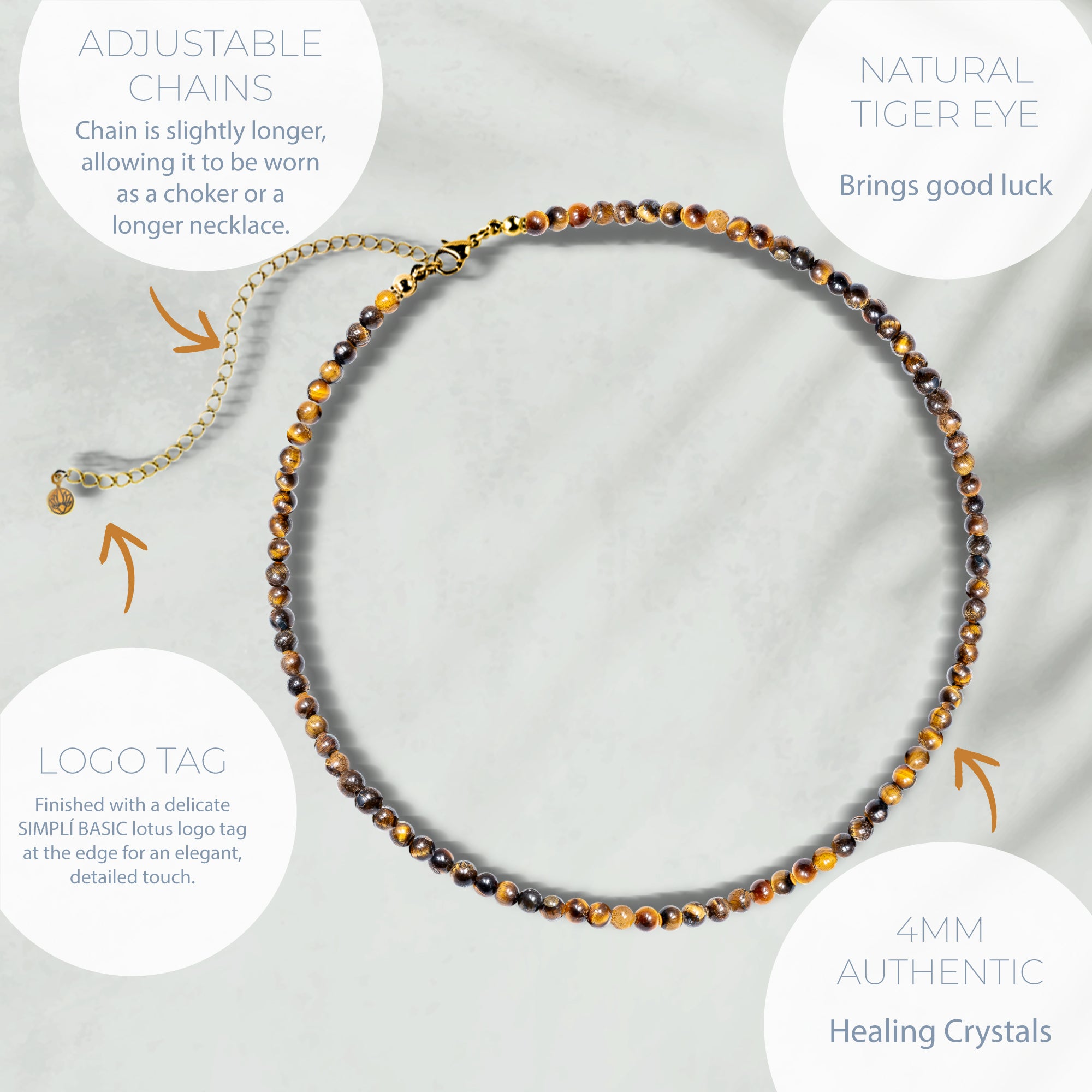 NATURAL TIGER EYE HEALING GEMSTONE BEADS NECKLACE