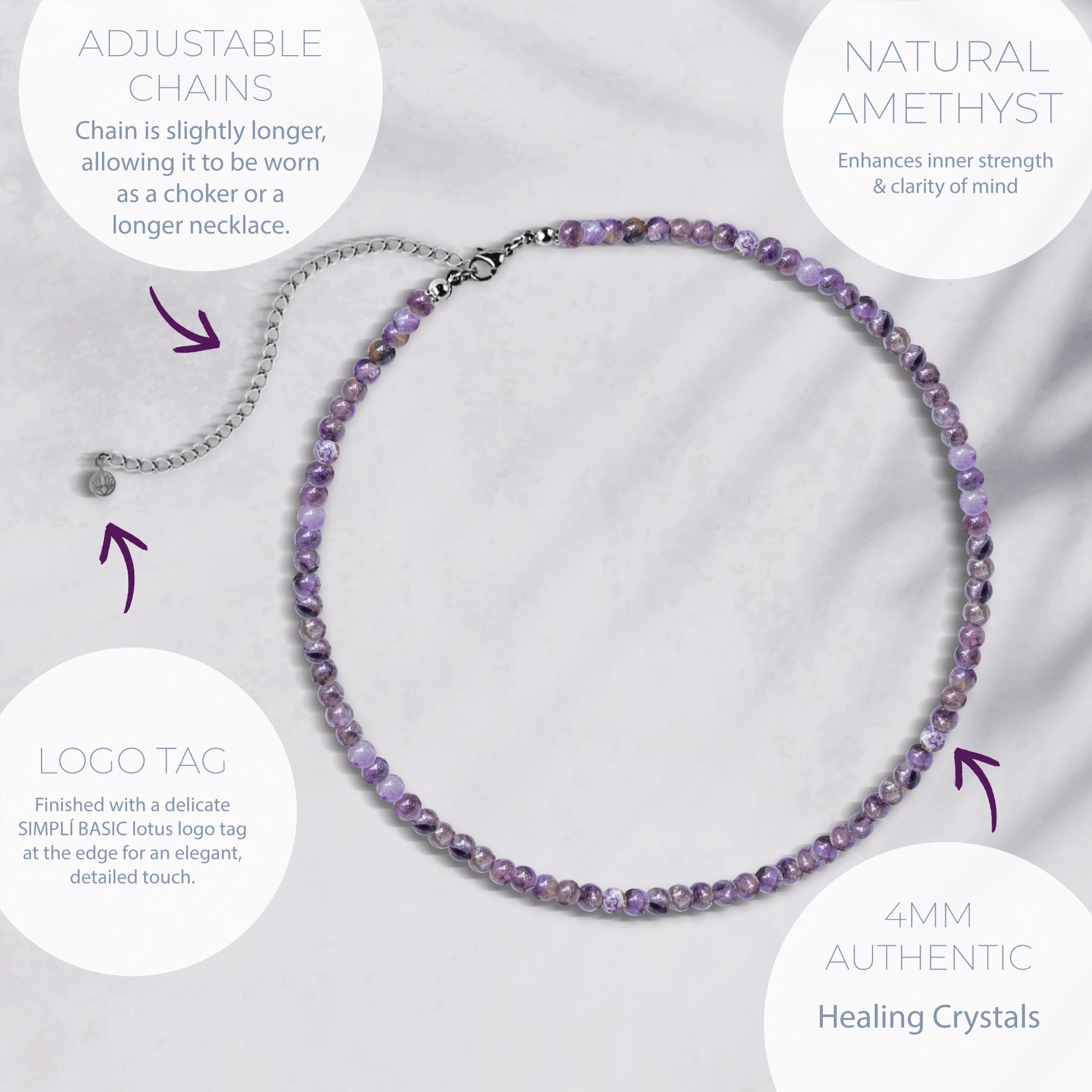 NATURAL AMETHYST HEALING GEMSTONE BEADS NECKLACE
